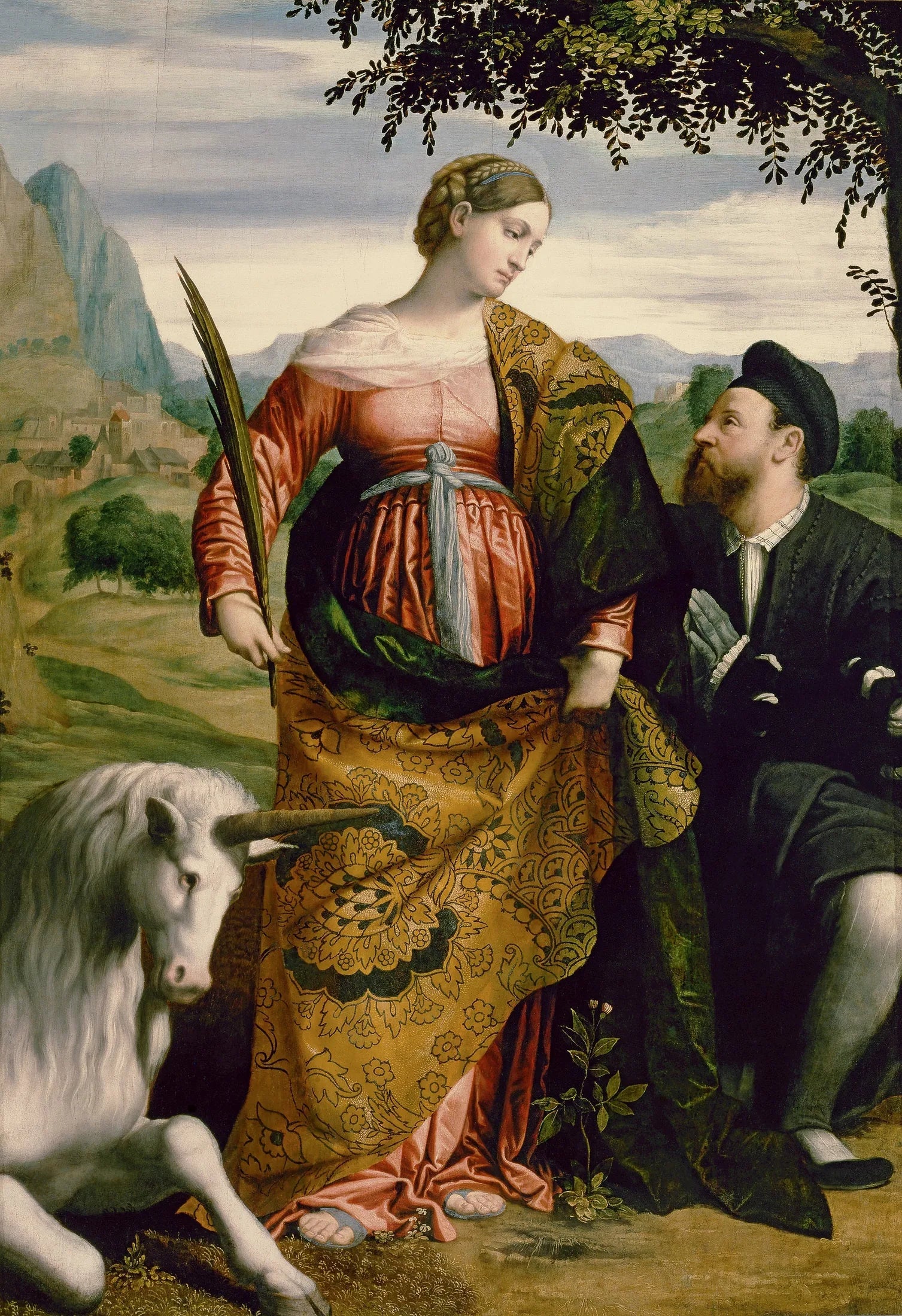 Sainte Justine à la licorne, vénérée par un patron - Alessandro Bonvicino image 1 copie peinte à la main à l’huile