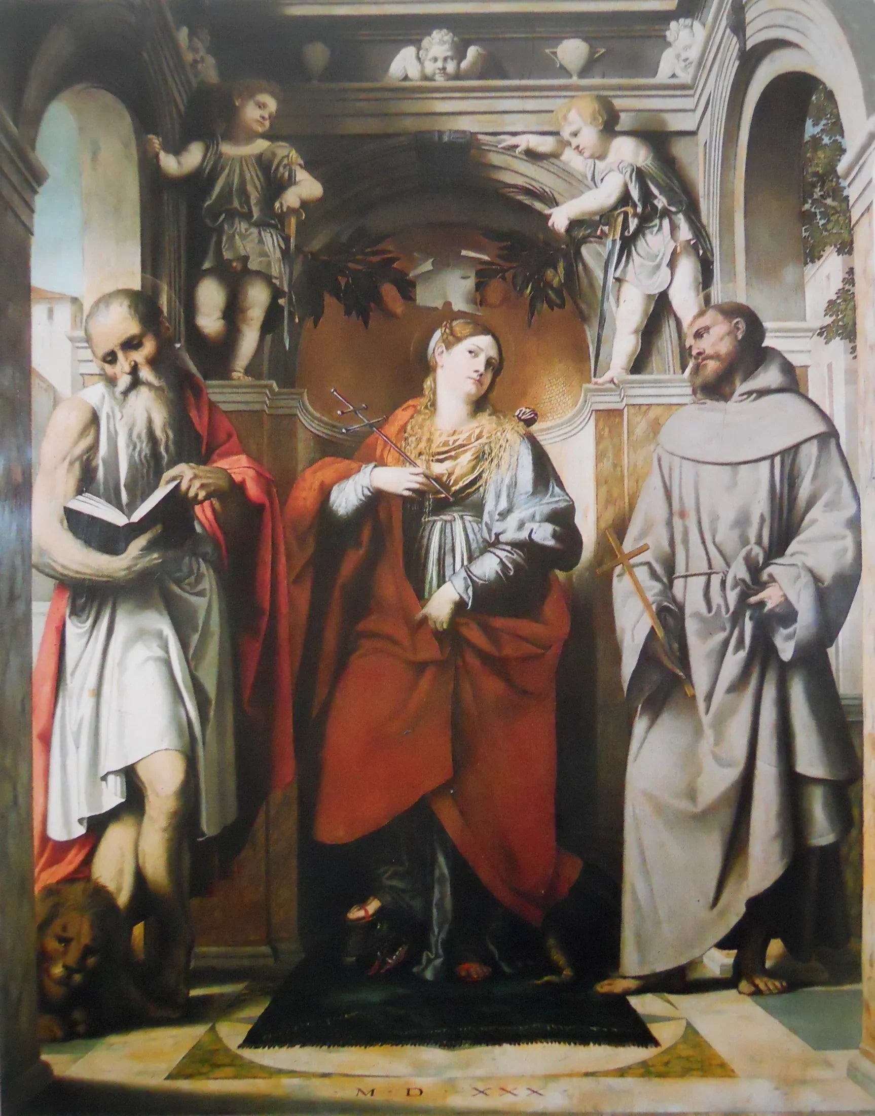 Sainte Marguerite d'Antioche avec les saints Jérôme et François - Alessandro Bonvicino image 1 reproduction d’œuvre d’art à l’huile
