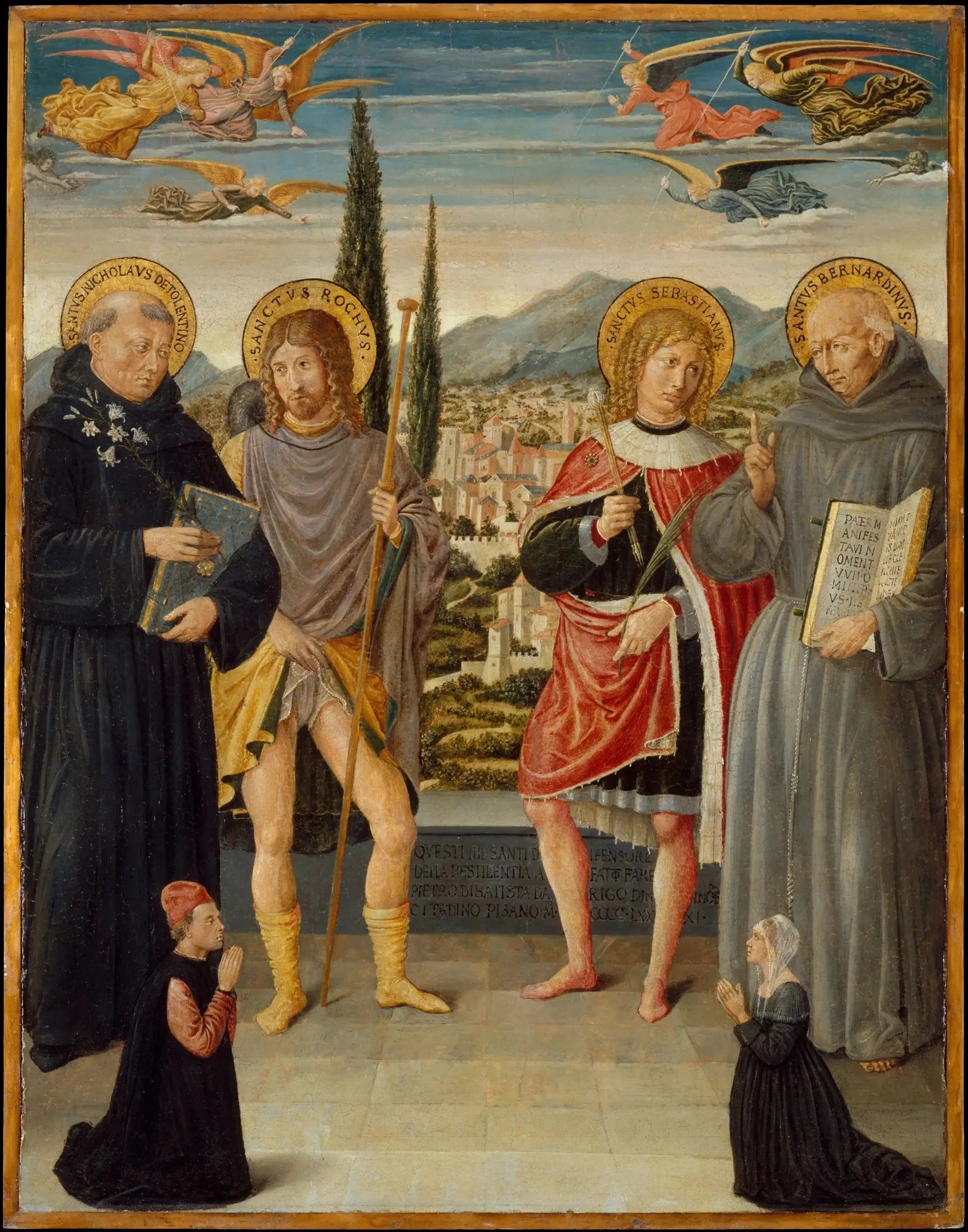 Saints Nicolas de Tolentino, Roch, Sébastien et Bernardin de Sienne, avec des donateurs agenouillés - Benozzo Gozzoli image 1 copie de tableau peinte à la main