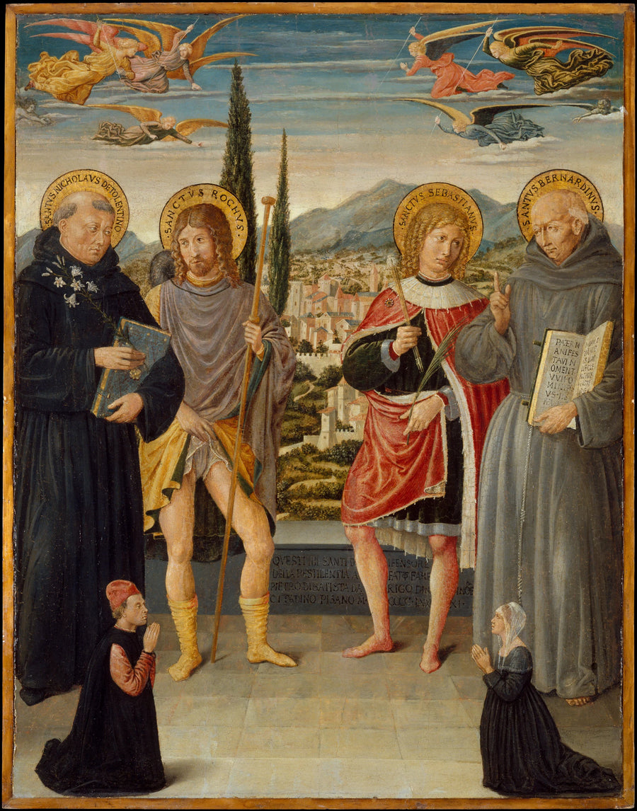 Saints Nicolas de Tolentino, Roch, Sébastien et Bernardin de Sienne, avec des donateurs agenouillés - Benozzo Gozzoli (Benozzo di Lese di Sandro)