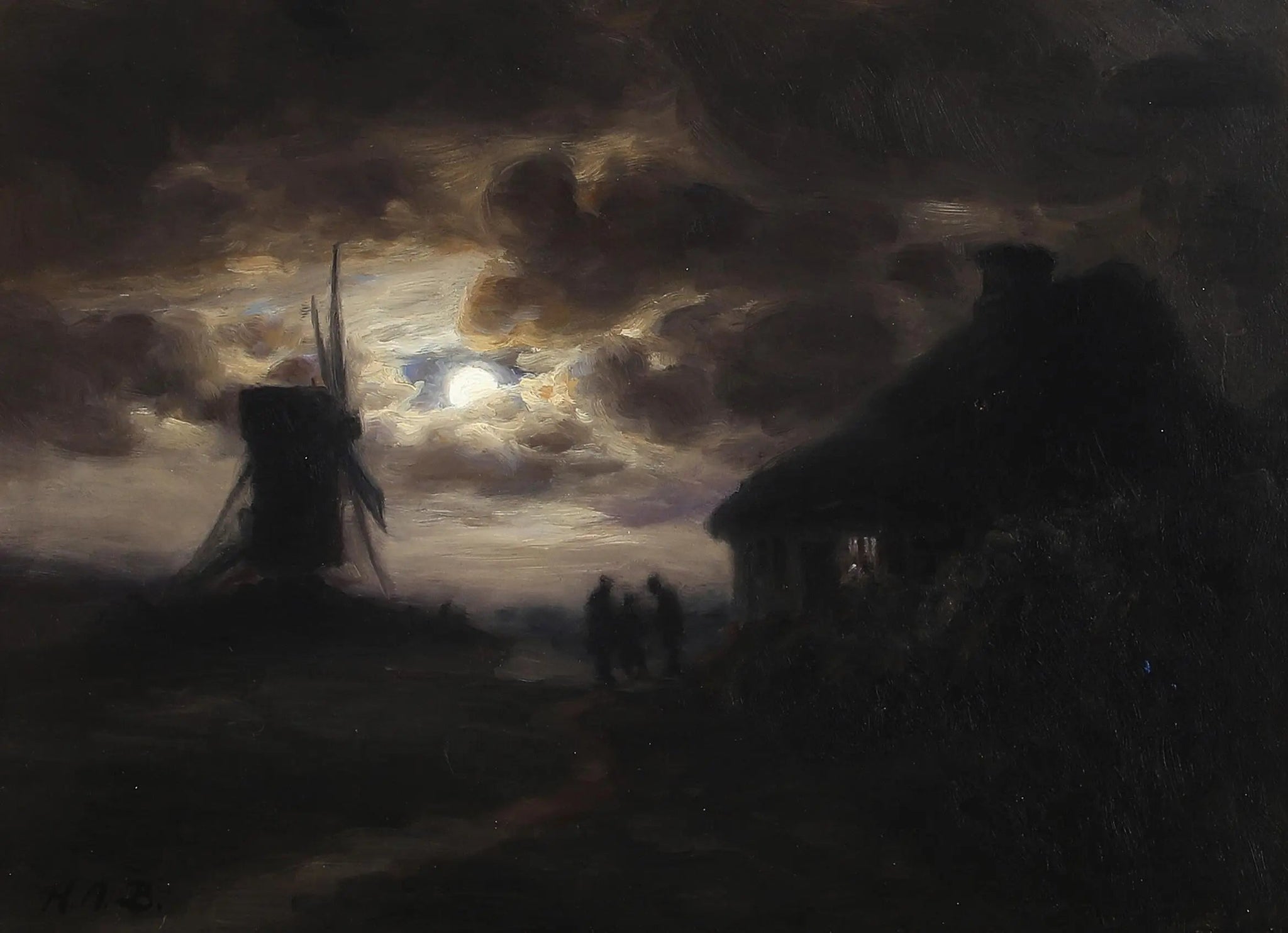 Scène au clair de lune avec un moulin. - H. A. Brendekilde image 1 reproduction de peinture à l’huile