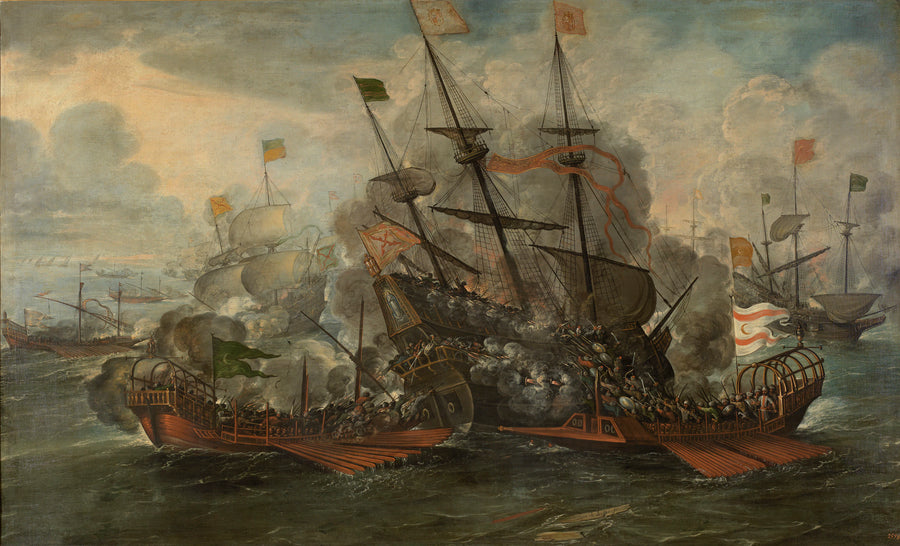 Une scène de bataille navale entre les Espagnols et les Turcs. - Juan de la Corte