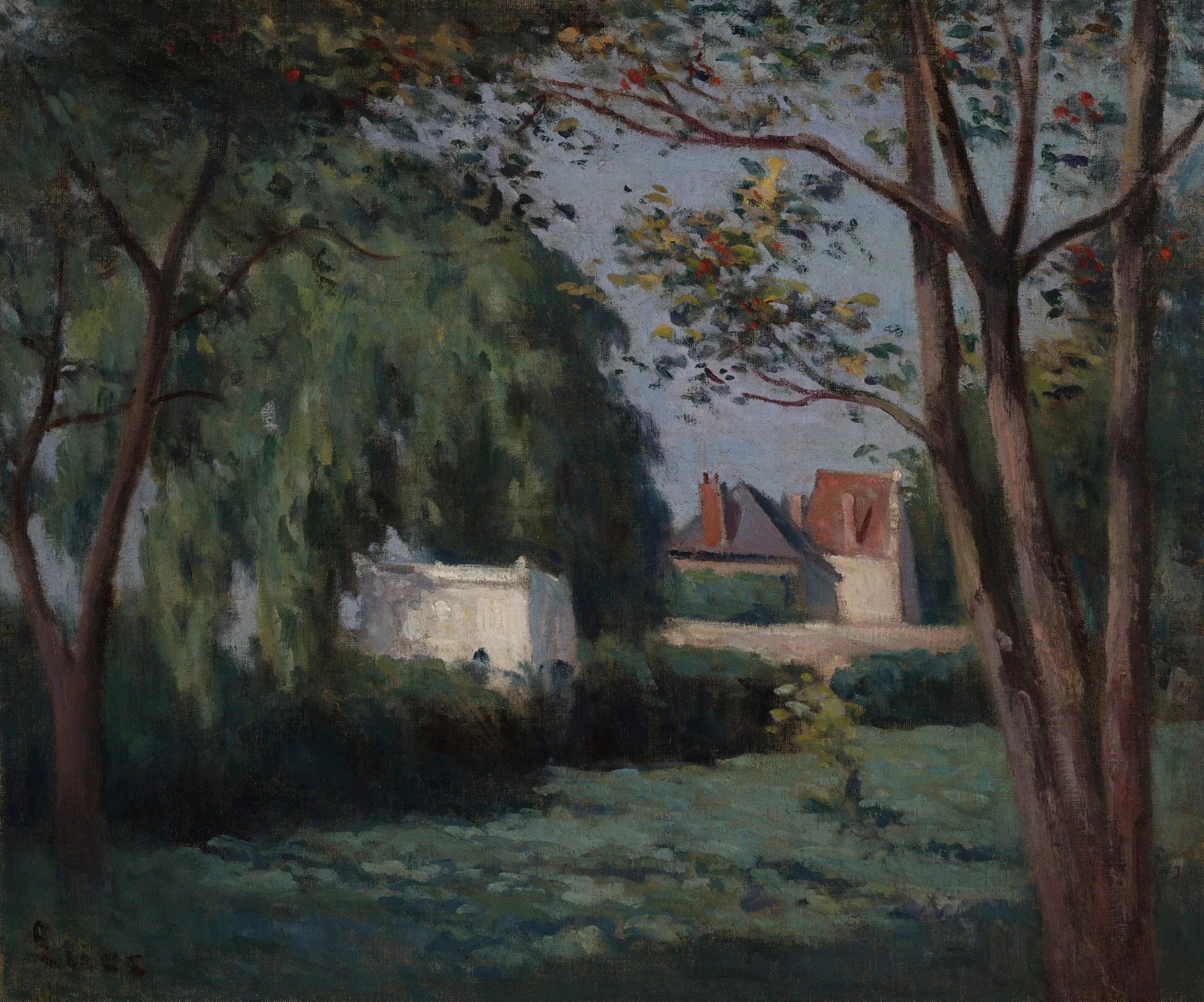 Scène champêtre avec trois maisons et un arbre - Maximilien Luce image 1 reproduction de peinture à l’huile