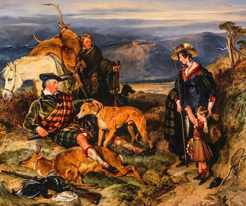 Scène dans les Highlands, avec les portraits de la duchesse de Bedford, du duc de Gordon et de Lord Alexander Russell - Edwin Henry Landseer