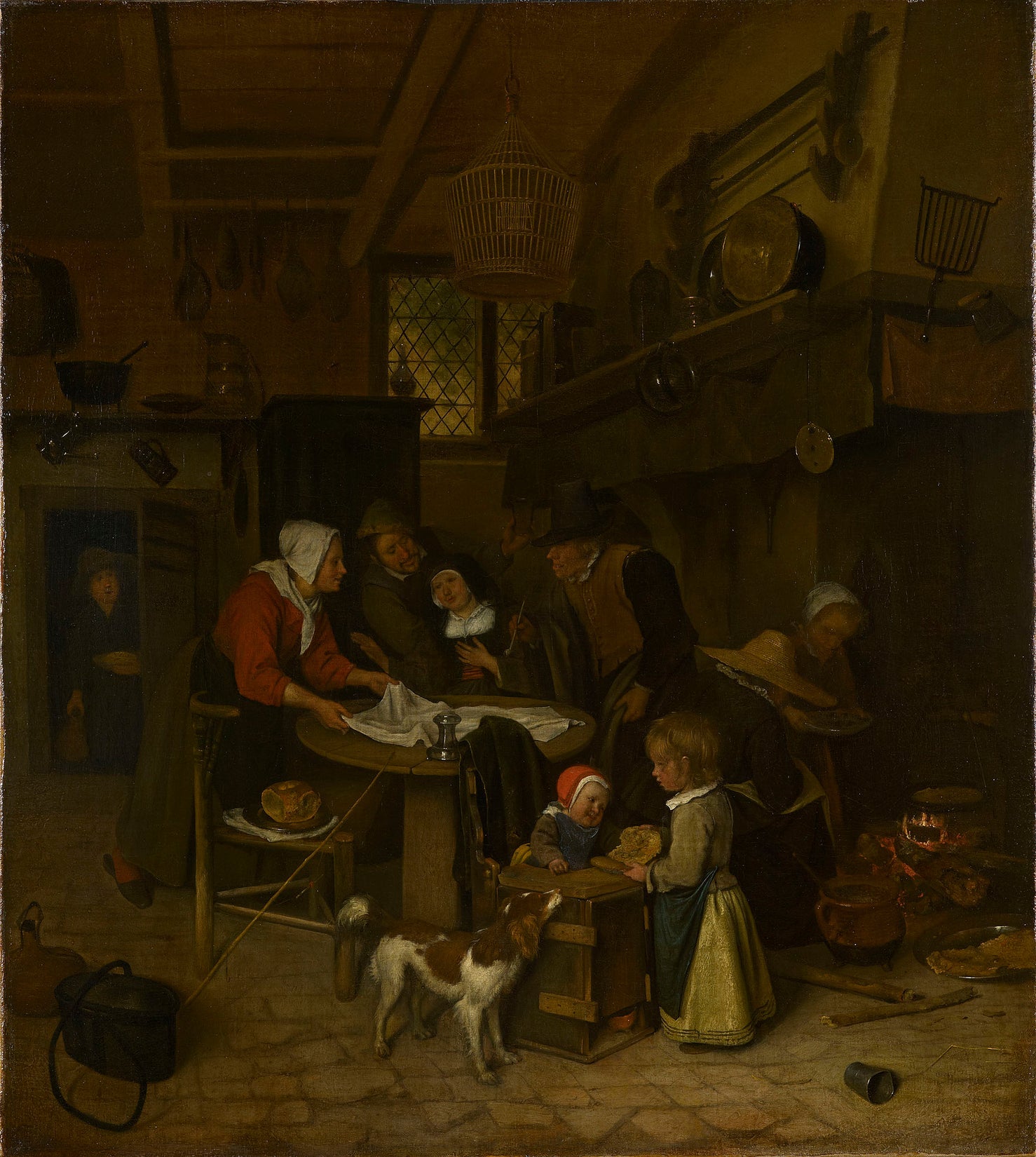 Scène dans une cuisine paysanne avec un serviteur étendant le linge - Jan Steen image 1 reproduction de peinture à l’huile