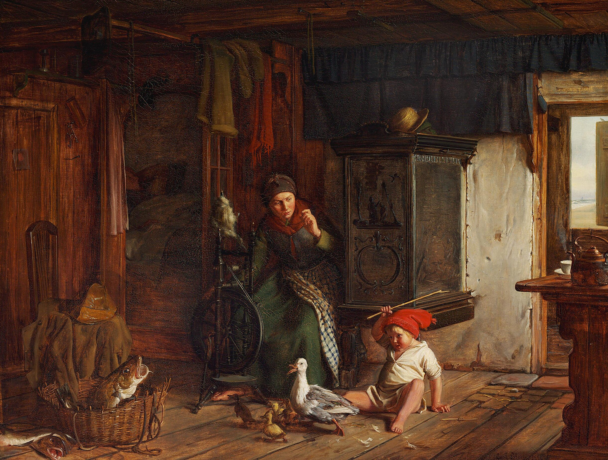 Scène dans une maison de pêcheur. Un garçon attaque un canard. Papa a besoin de dormir. - Carl Heinrich Bloch image 1 reproduction d’œuvre d’art à l’huile
