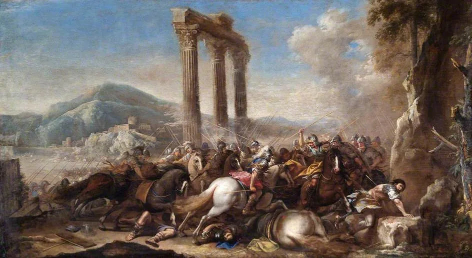Scène de bataille avec colonnade classique - Salvator Rosa image 1 reproduction de peinture à l’huile