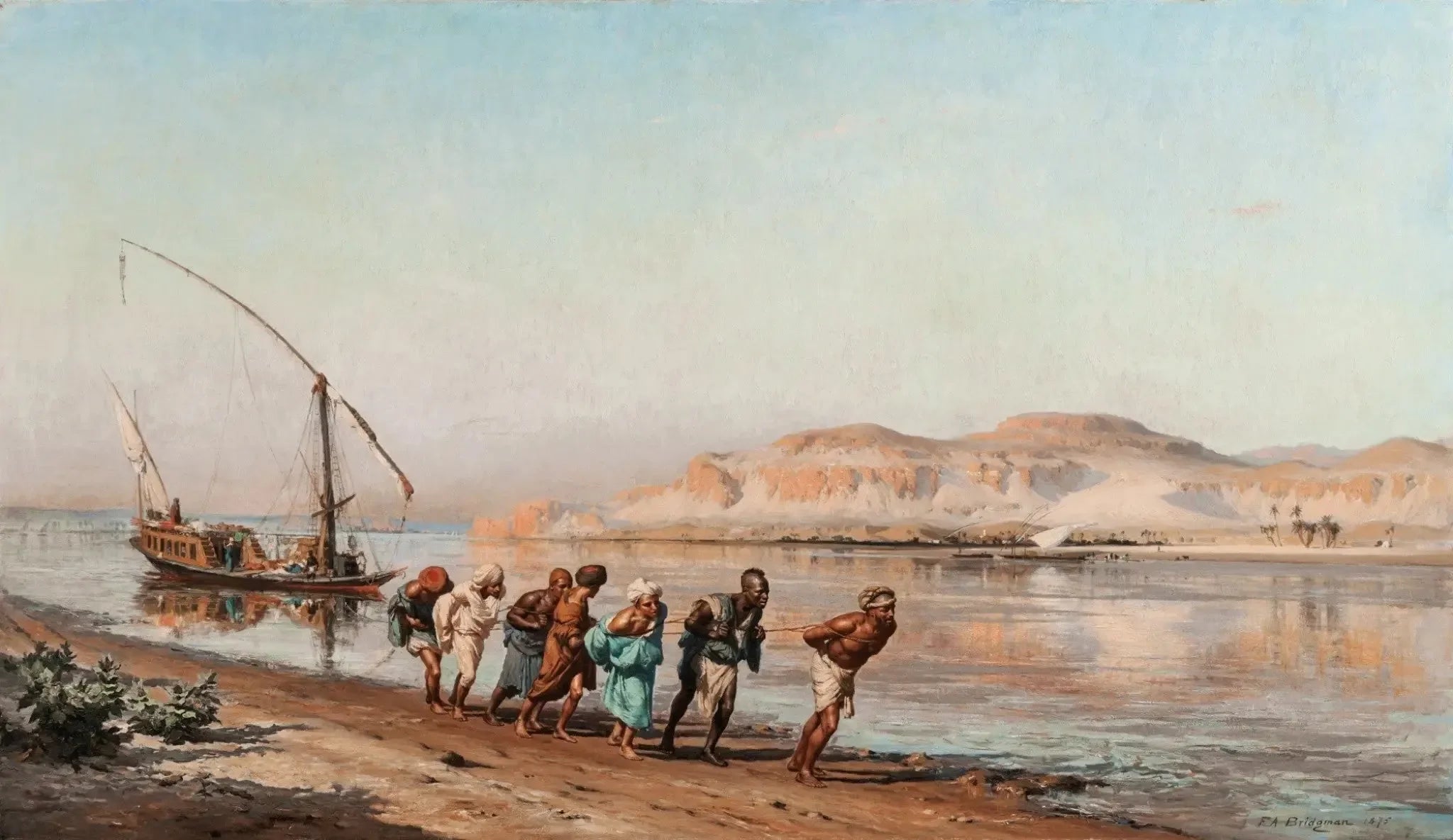 Scène de halage sur le Nil - Frederick Arthur Bridgman image 1 copie peinte à la main à l’huile