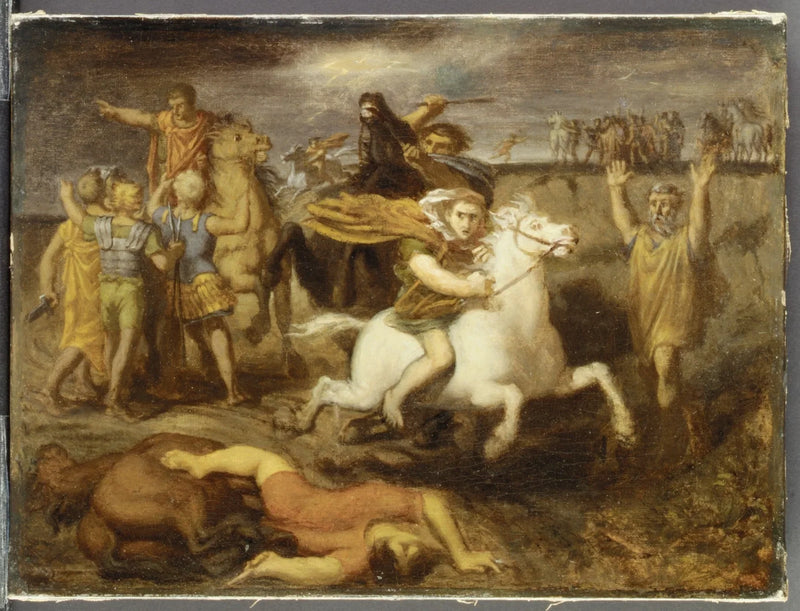 Scène de la guerre des Gaules : le Gaulois Littavicus, trahissant la cause romaine, s'enfuit à Gergovie pour soutenir Vercingétorix - Théodore Chassériau