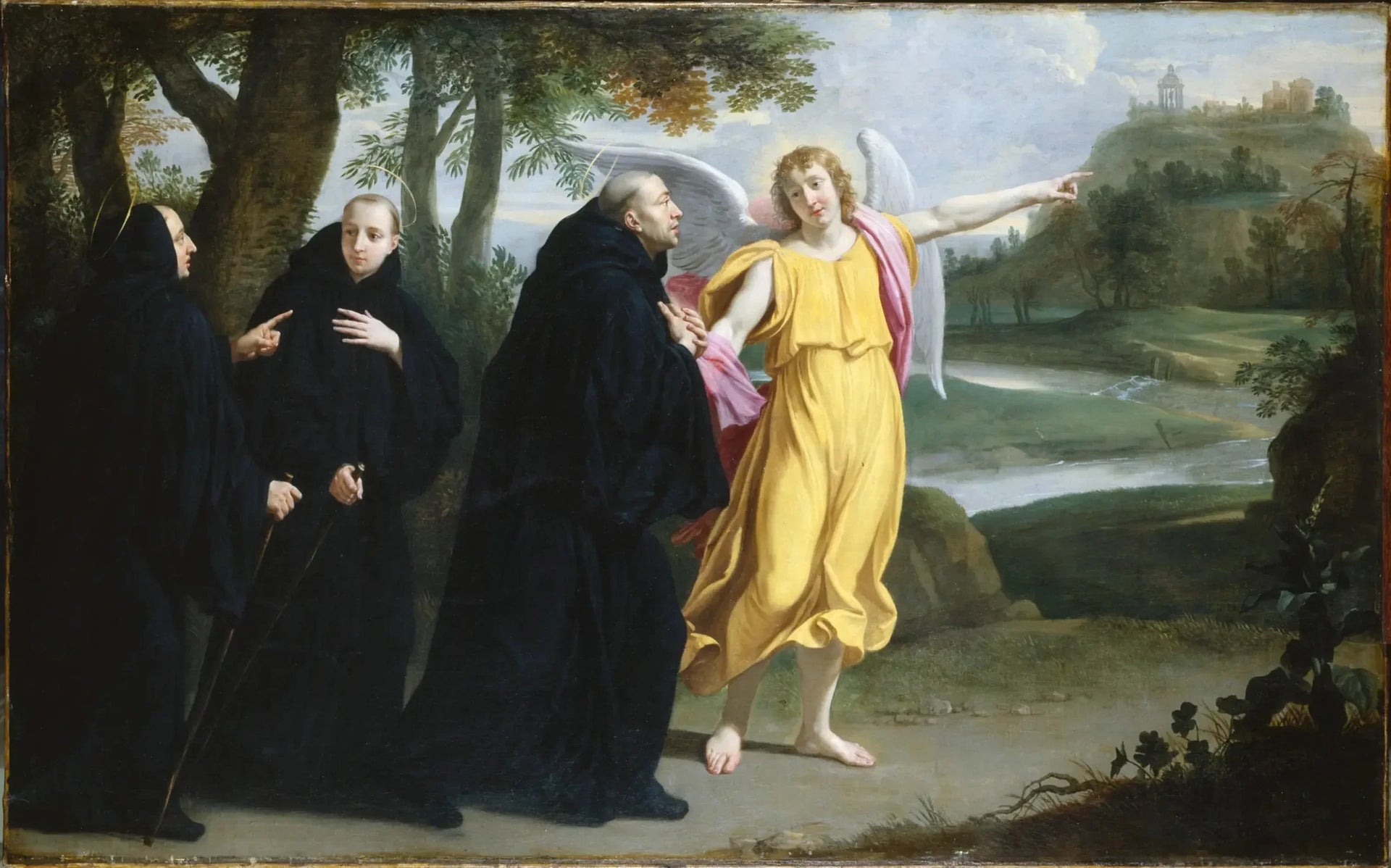 Scène de la vie de saint Benoît : l'ange désignant à saint Benoît l'emplacement du monastère du mont Cassin - Philippe de Champaigne image 1 reproduction artisanale de tableau