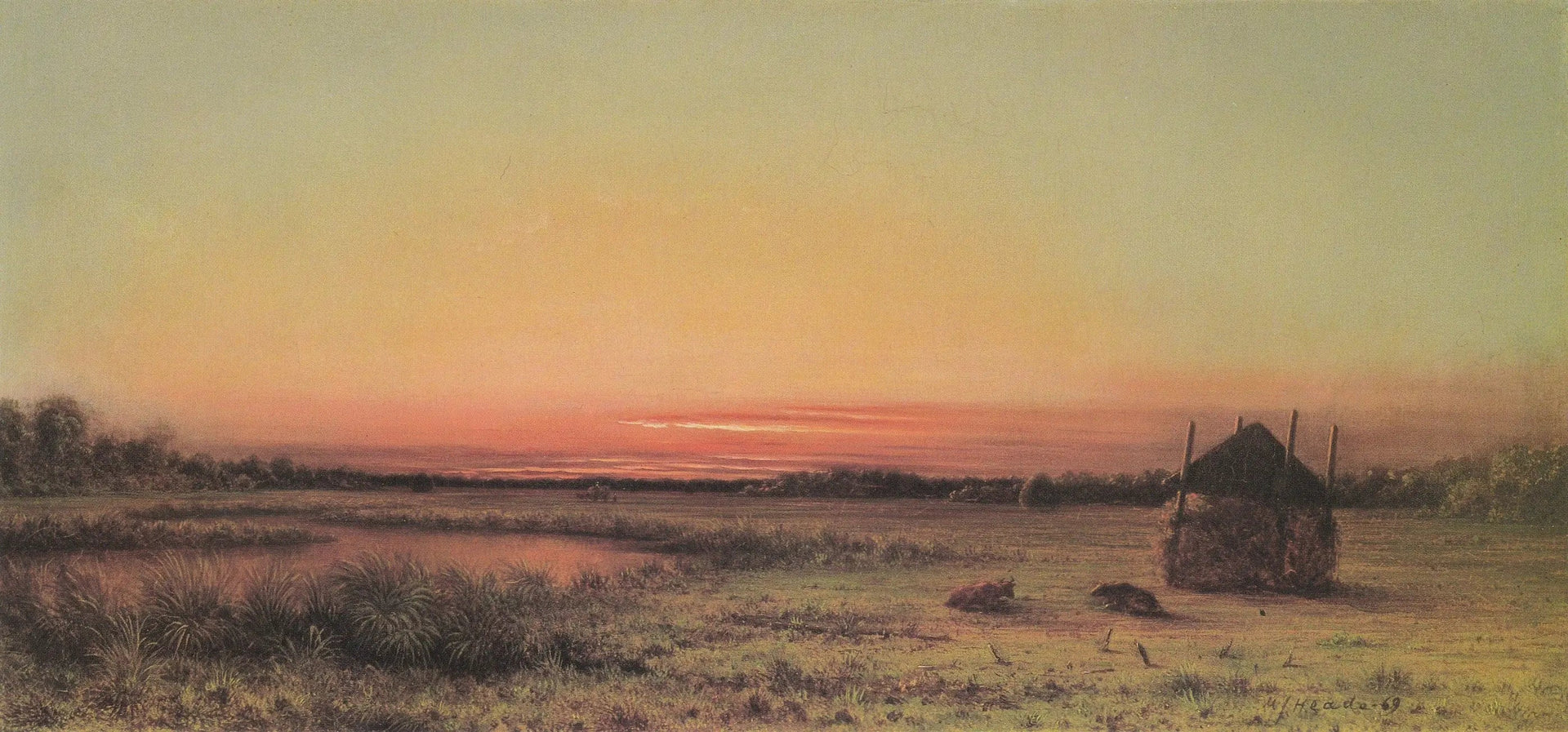 Scène de marais : deux bovins dans un champ - Martin Johnson Heade image 1 copie de tableau peinte à la main