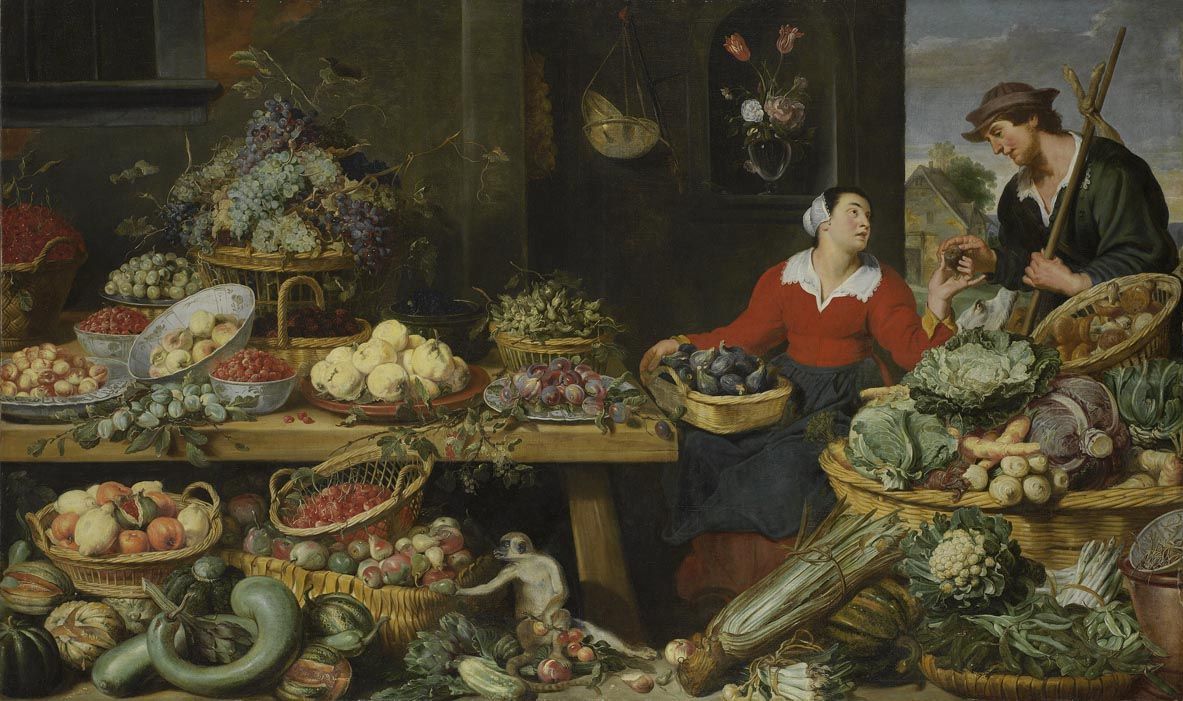 Scène de marché avec des fruits et légumes, et un couple amoureux - Frans Snyders image 1 reproduction d’œuvre d’art à l’huile