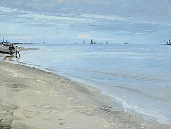 Scène de plage à Skagen. Pêcheurs sur un bateau. Le phare est illuminé. - Peder Severin Krøyer image 1 reproduction artisanale de tableau