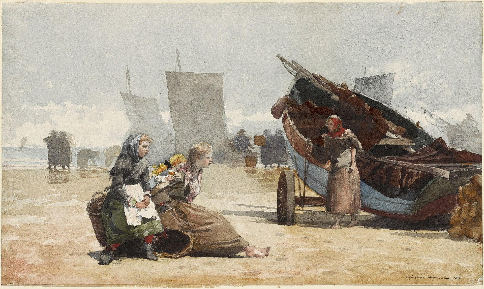 Scène de plage, Cullercoats - Winslow Homer image 1 copie peinte à la main à l’huile