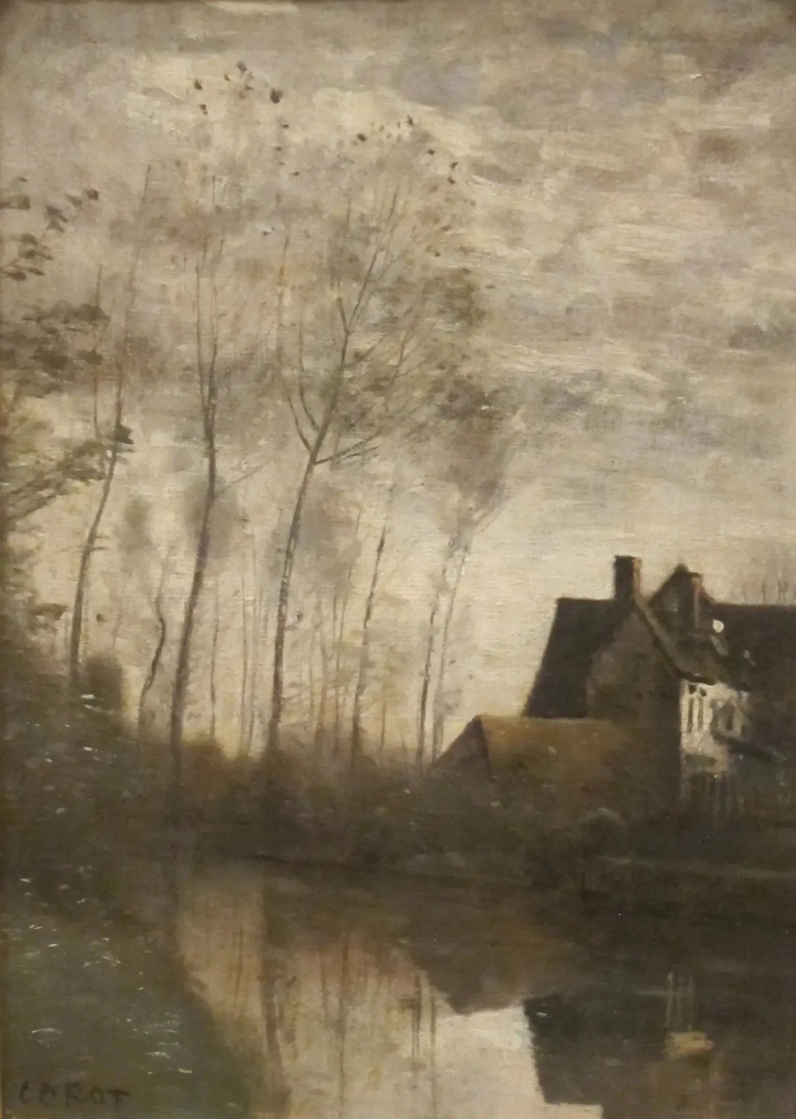 Scène de rivière avec maisons et peupliers - Jean-Baptiste Camille Corot image 1 copie peinte à la main à l’huile