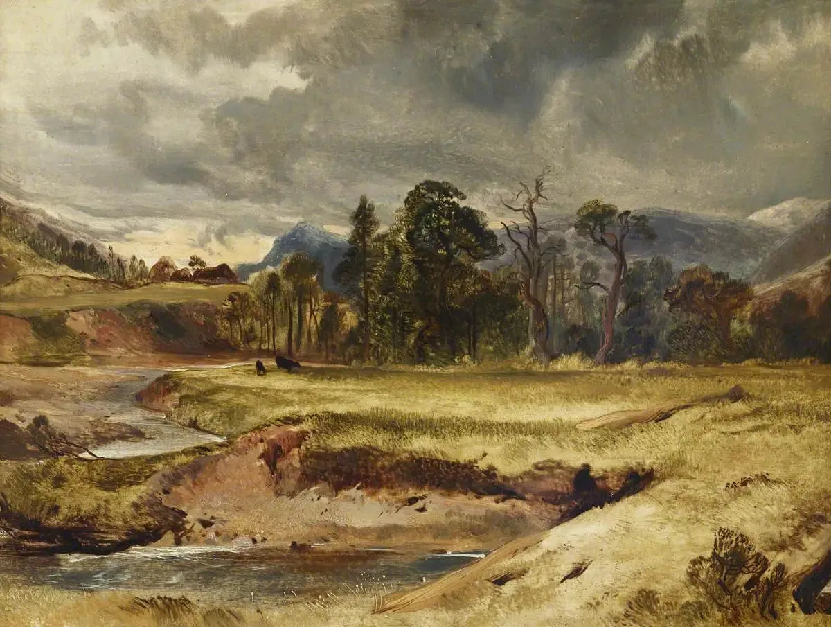 Scène de rivière écossaise avec du bétail dans un pré - Edwin Henry Landseer image 1 copie de tableau peinte à la main