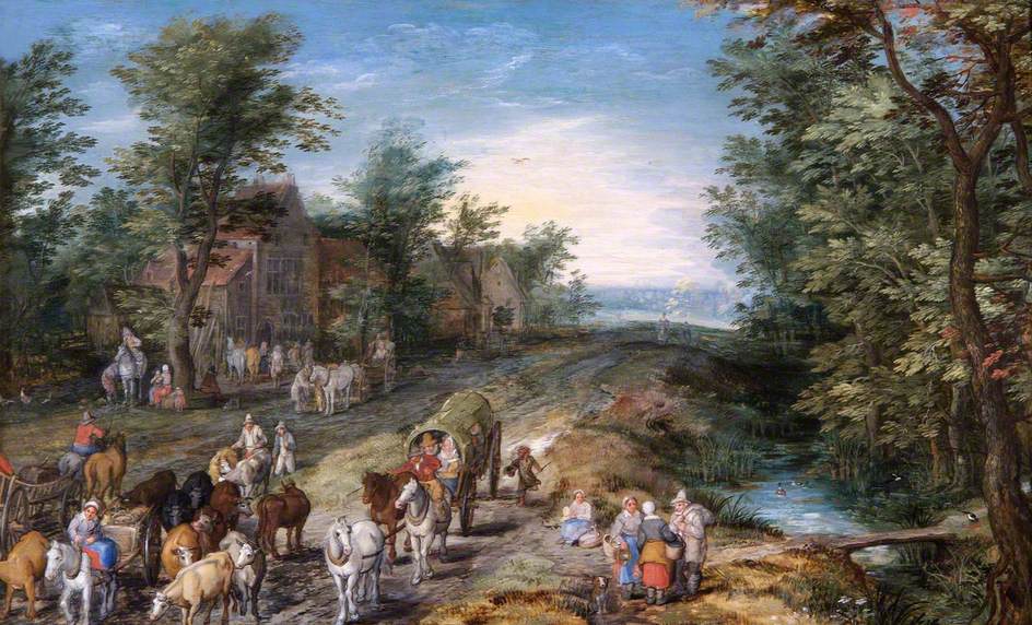 Scène de route avec des voyageurs et du bétail - Jan Brueghel l'Ancien image 1 copie de tableau peinte à la main