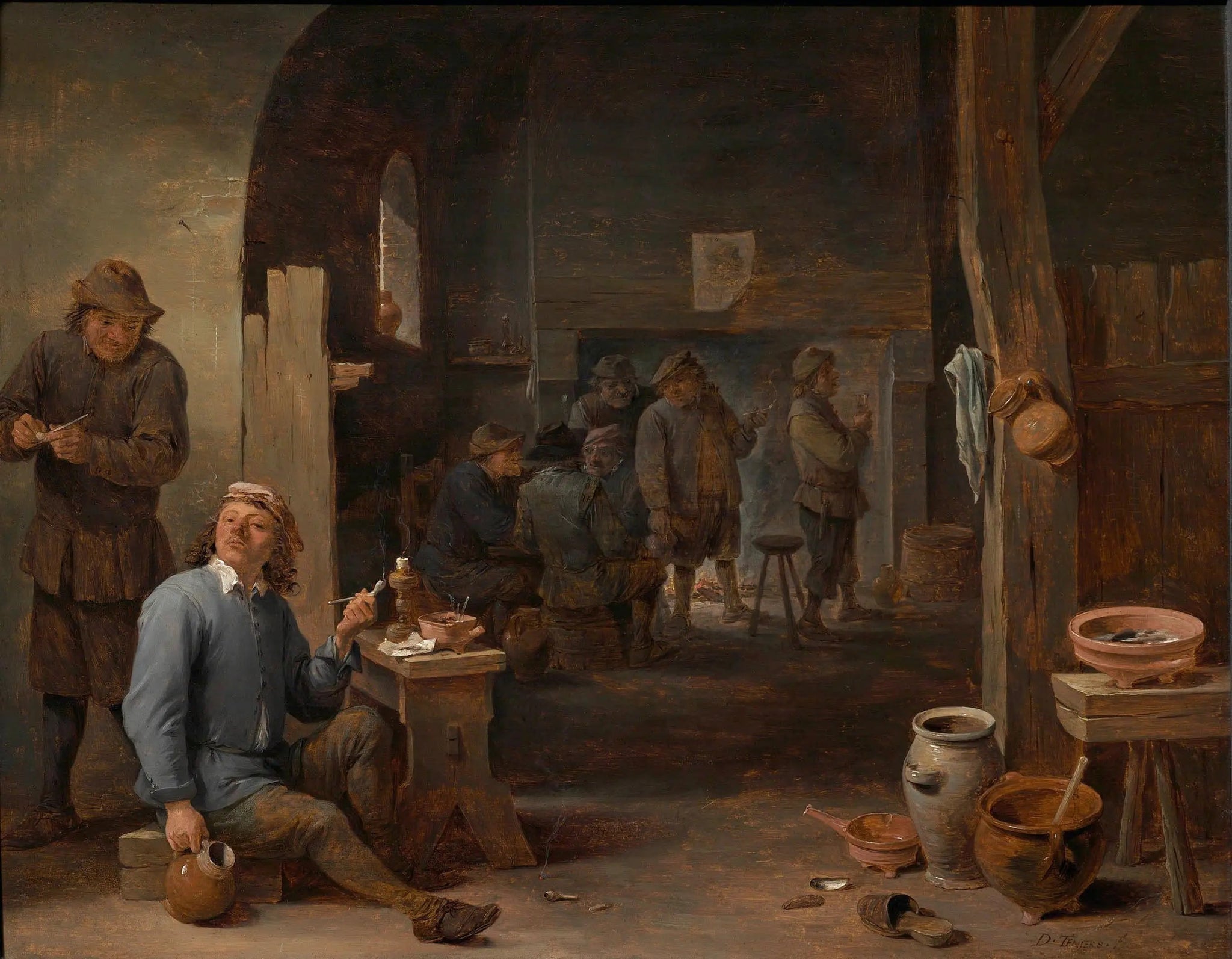 Scène de taverne avec un fumeur tenant un pot - David Teniers le Jeune image 1 copie de tableau peinte à la main