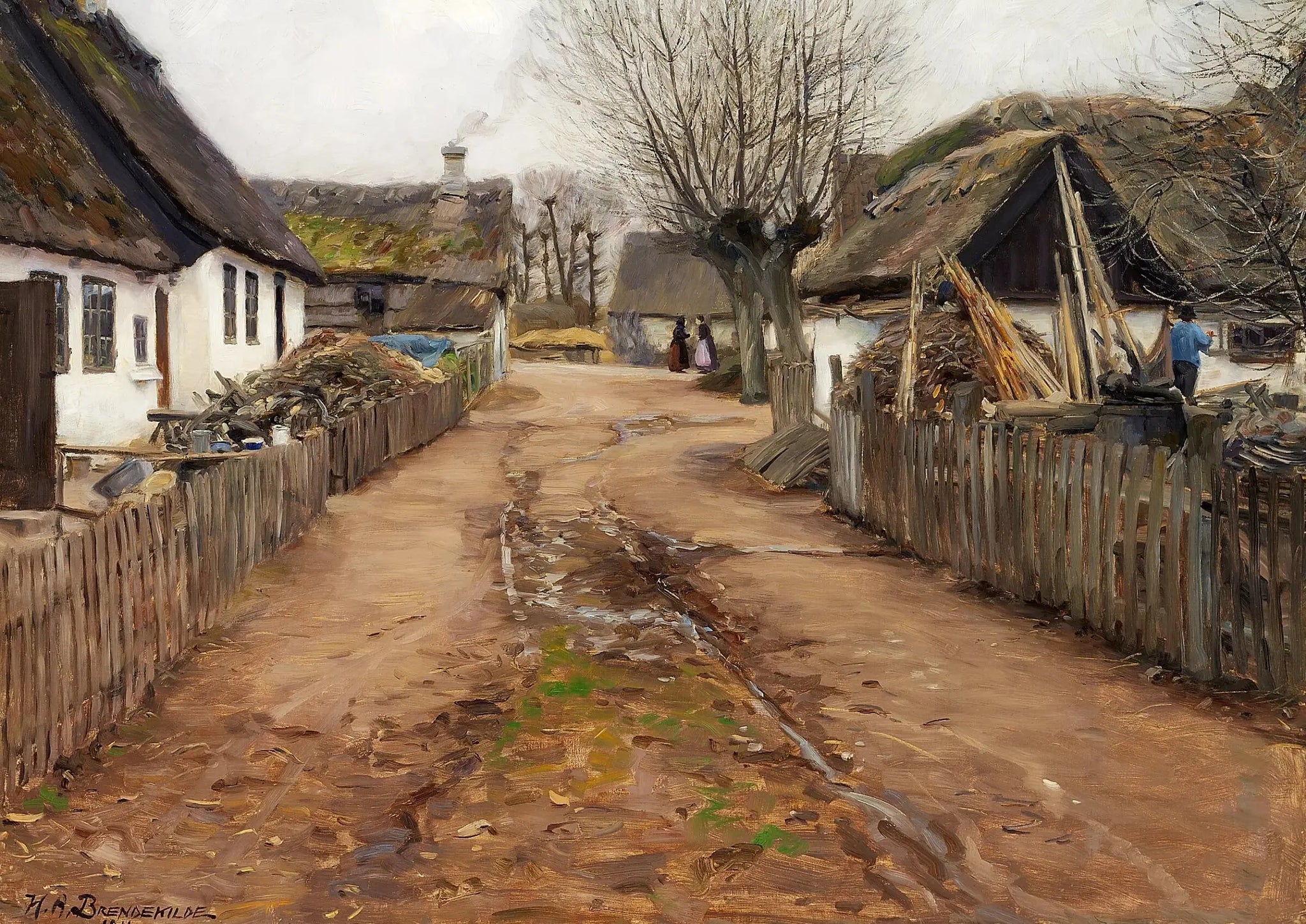 Scène de village au début du printemps. - H. A. Brendekilde image 1 copie peinte à la main à l’huile