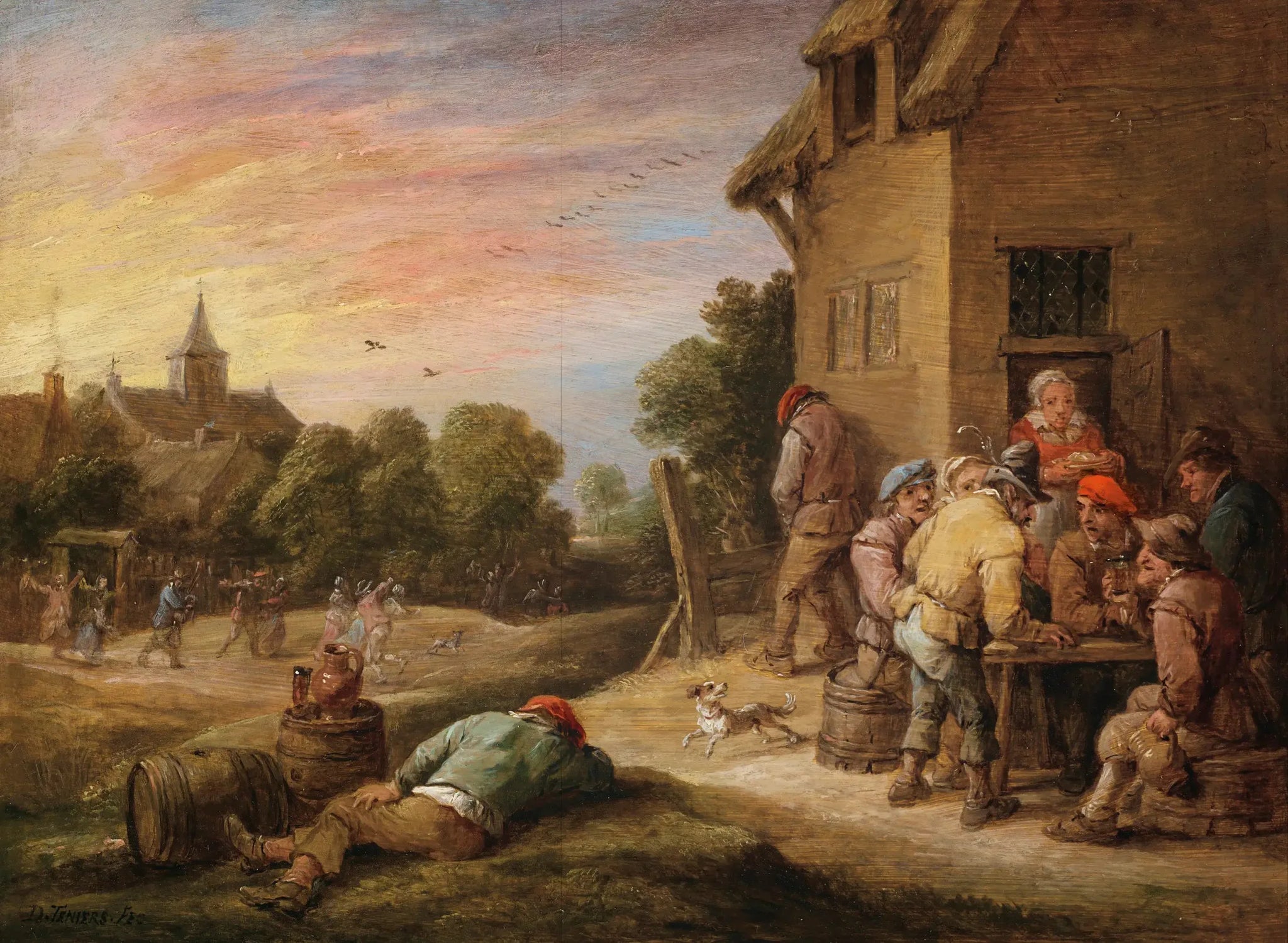 Scène de village avec des paysans faisant la fête devant une auberge - David Teniers le Jeune image 1 copie de tableau peinte à la main