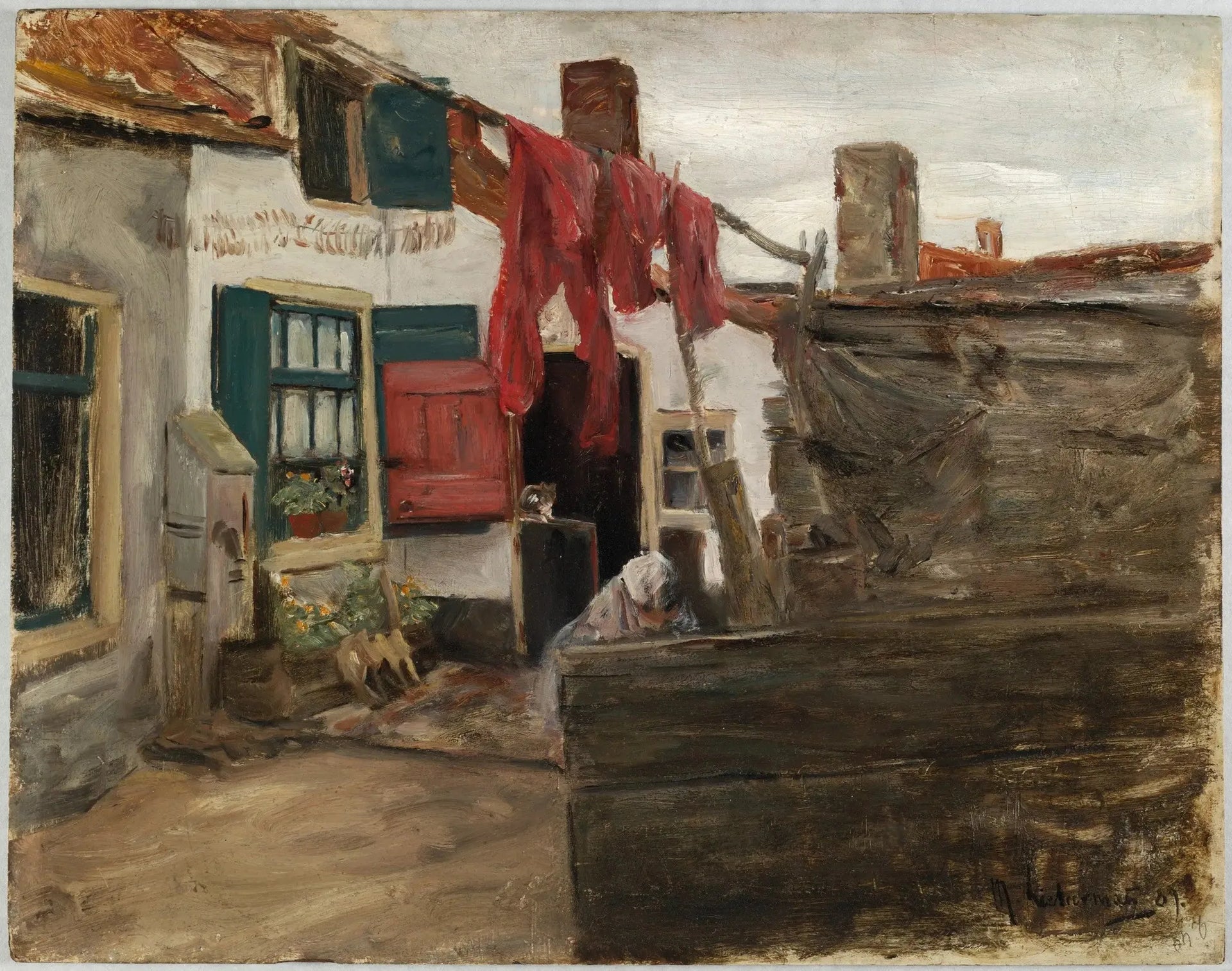Scène de village hollandais avec du linge suspendu - Max Liebermann image 1 reproduction artisanale de tableau