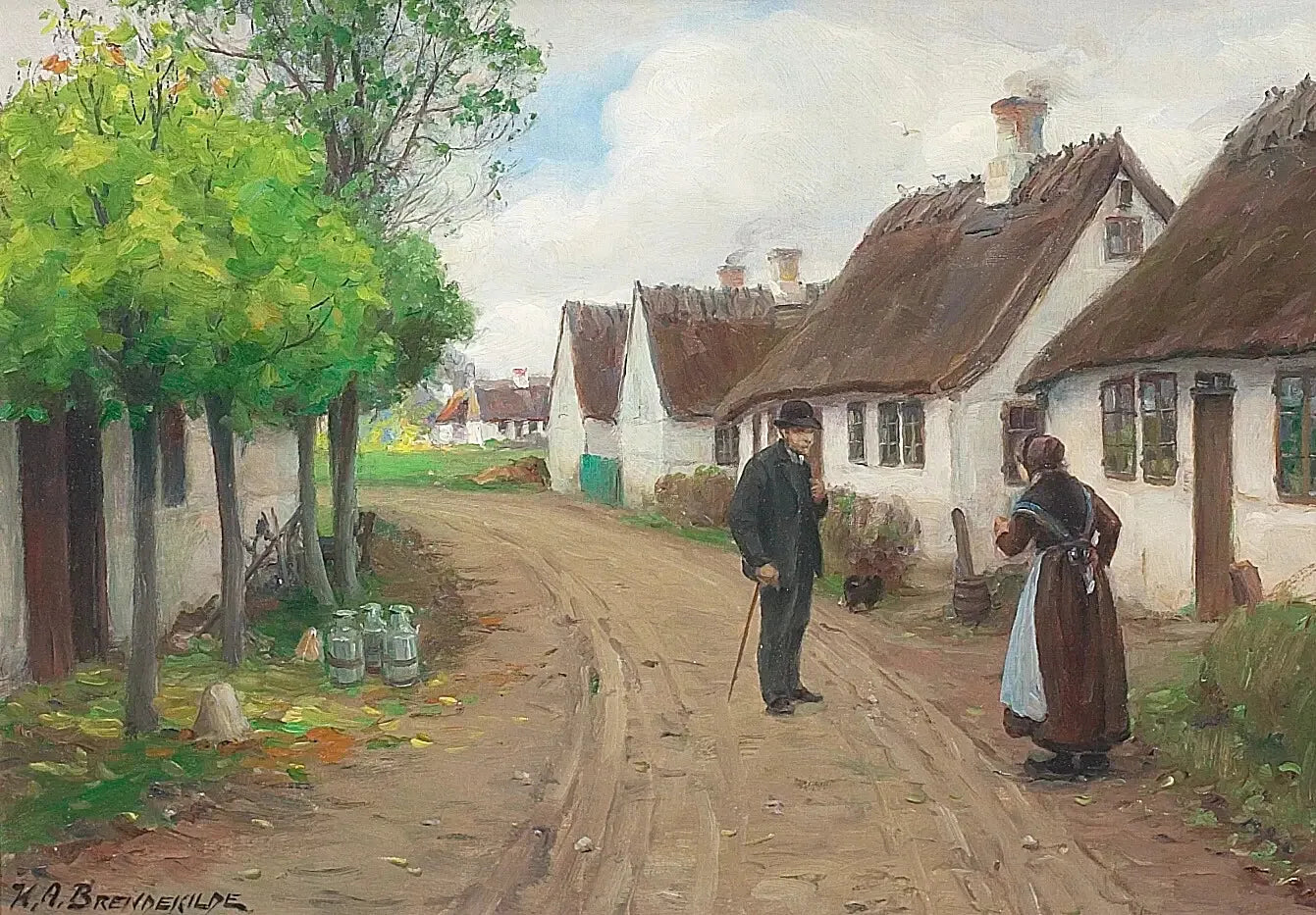 Scène de village de Jyllinge avec des personnes qui parlent. - H. A. Brendekilde image 1 reproduction d’œuvre d’art à l’huile