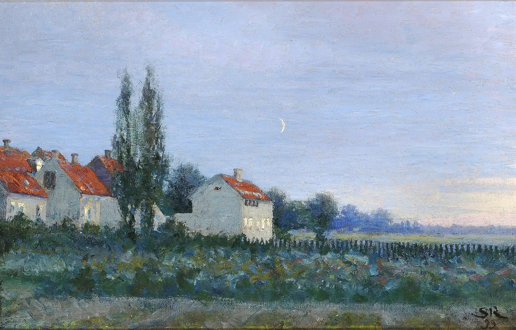 Scène du soir avec maisons et peupliers. - Peder Severin Krøyer image 1 reproduction de peinture à l’huile