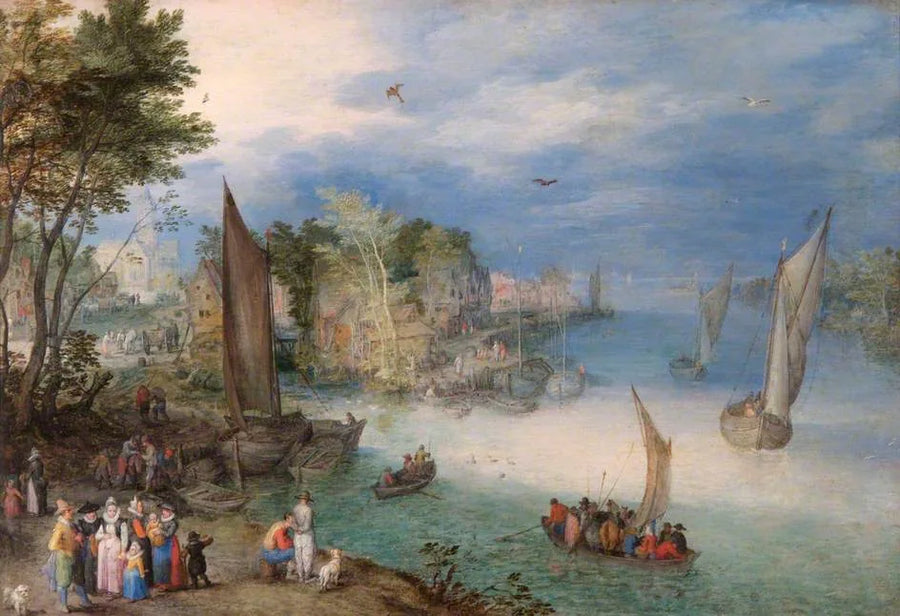 Scène fluviale avec bateaux et personnages - Jan Brueghel l'Ancien image 1 tableau peint à l’huile sur toile