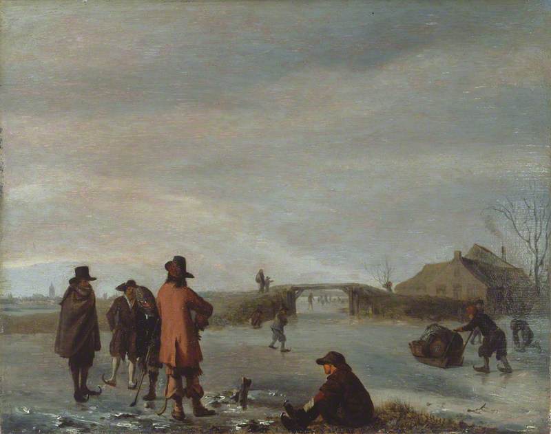 Scène hivernale avec un groupe de golfeurs sur une rivière gelée - Adriaen van de Velde image 1 copie de tableau peinte à la main