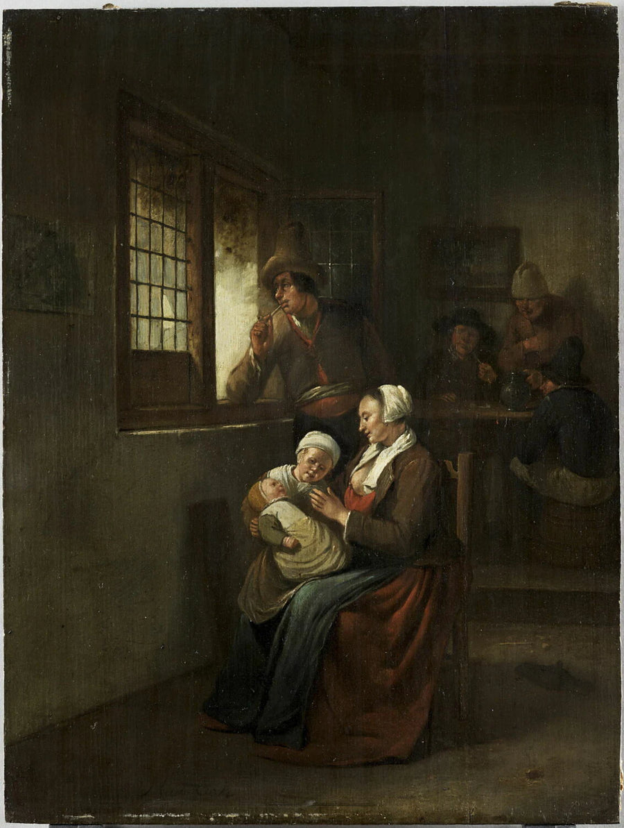 Scène d'intérieur : Femme allaitant son enfant et homme accoudé à une fenêtre - Egbert van Heemskerck