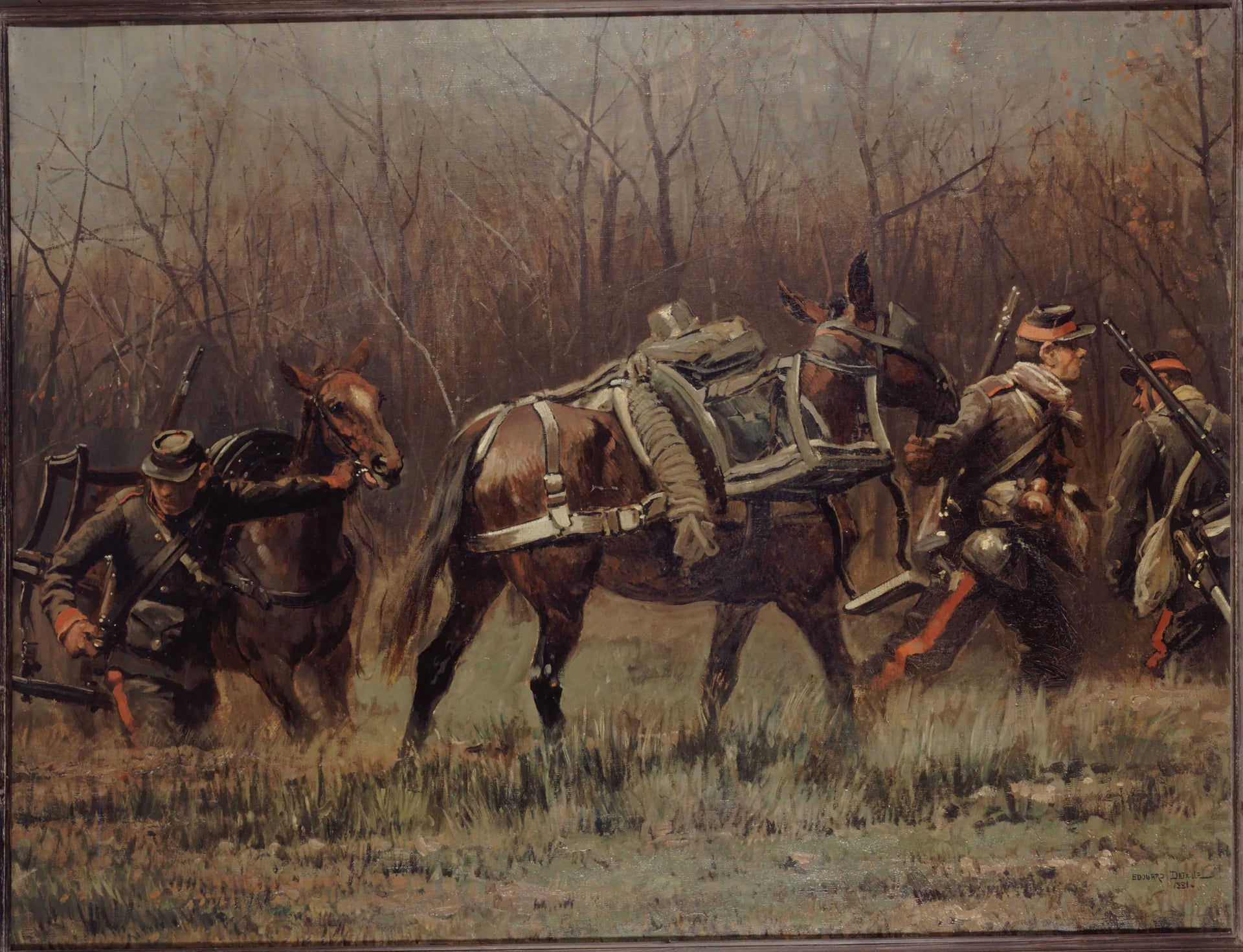 Scène militaire : mobiles conduisant des mulets d'ambulances (fragment du panorama de Champigny) - Édouard Detaille image 1 copie peinte à la main à l’huile
