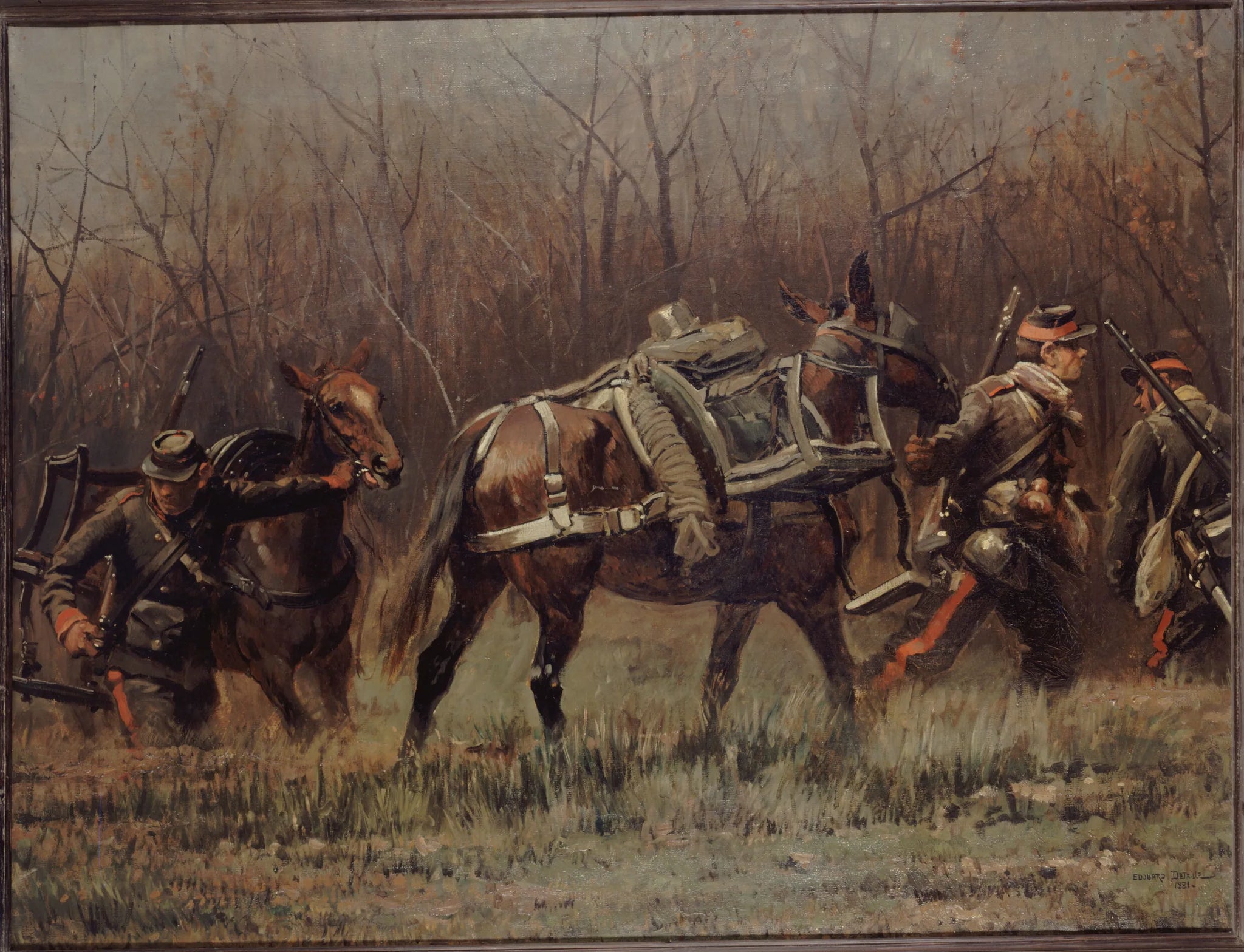 Scène militaire : mobiles conduisant des mulets d'ambulances (fragment du panorama de Champigny) - Édouard Detaille image 1 copie peinte à la main à l’huile