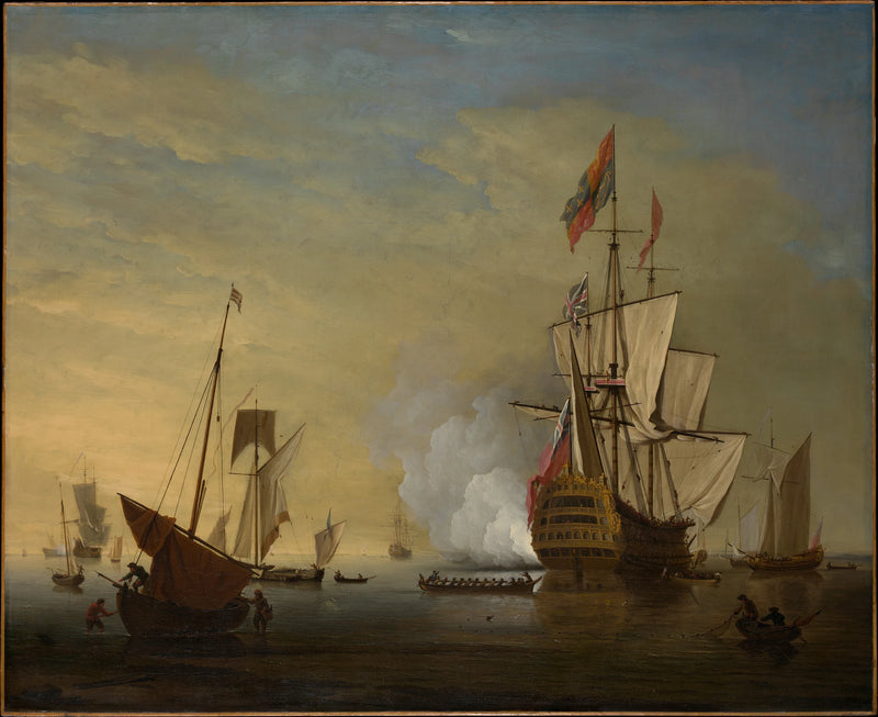 Scène de port : un navire anglais aux voiles déployées tirant au canon - Peter Monamy