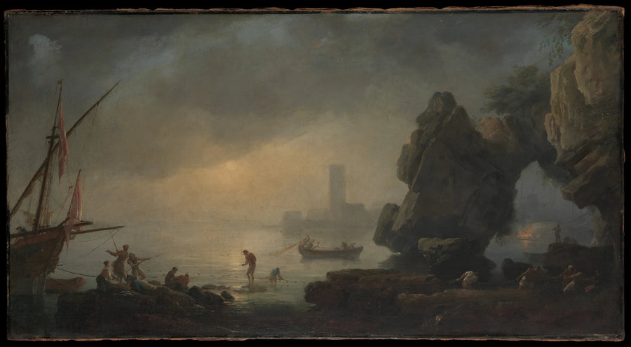 Scène portuaire avec une grotte et des pêcheurs transportant des filets - Joseph Vernet