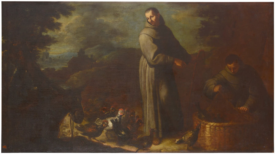 Scène de la vie de San Diego (Saint Diego et un frère prenant des poules dans un panier) - Juan García de Miranda