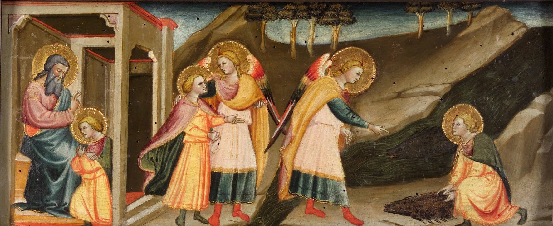 Scènes de Tobias (Tobias fait ses adieux à son père ; Les pérégrinations de Tobias et de l'archange Raphaël ; Tobias prenant le cœur, le levier et la fiel du poisson) - Bicci di Lorenzo image 1 reproduction artisanale de tableau