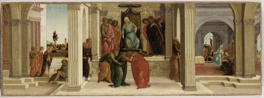 Scènes de l'histoire d'Esther : la lamentation de Mardochée, l'évanouissement d'Esther en présence d'Assuérus, le grand vizir Aman implore en vain sa grâce auprès d'Esther. - Botticelli, Sandro (Alessandro di Mariano di Sandro Filipepi, dit)