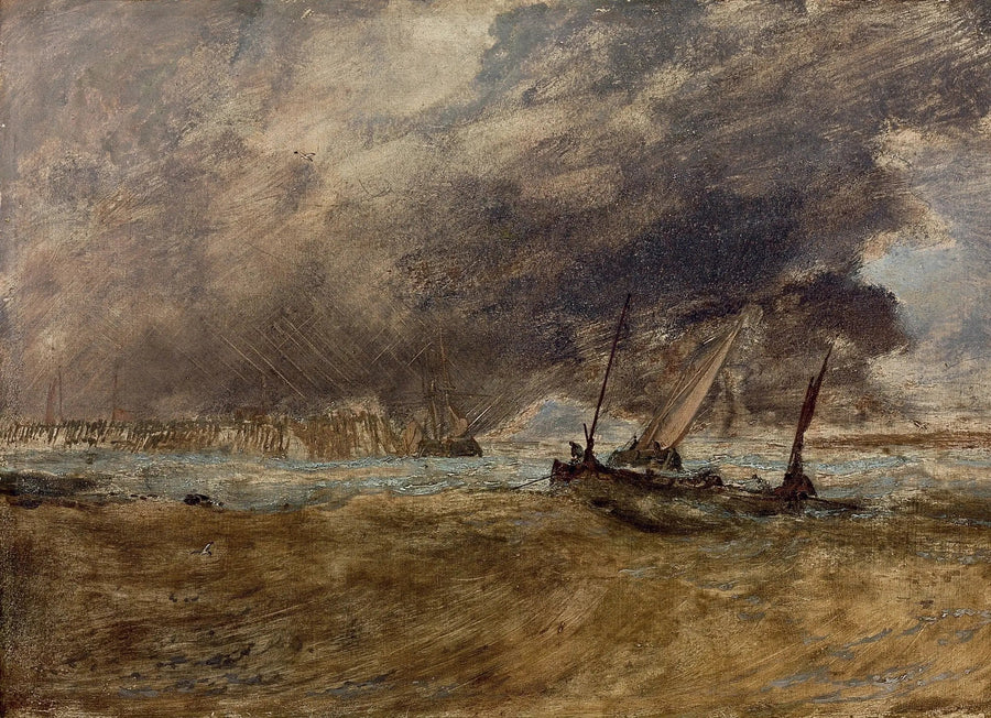 Seapiece with fishing boats off a wooden pier, a gale coming in - J. M. W. Turner