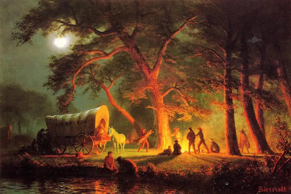 Sentier de l'Oregon (feu de camp) - Albert Bierstadt image 1 tableau peint à l’huile sur toile