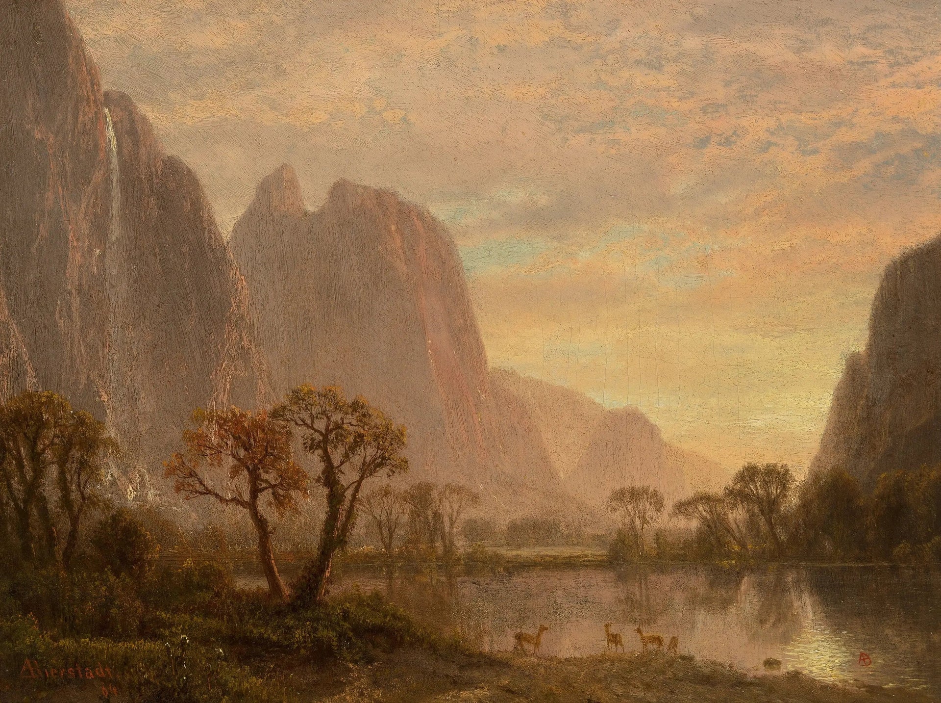 Sentinel Falls et Cathedral Peaks dans la vallée de Yosemite - Albert Bierstadt image 1 tableau peint à l’huile sur toile