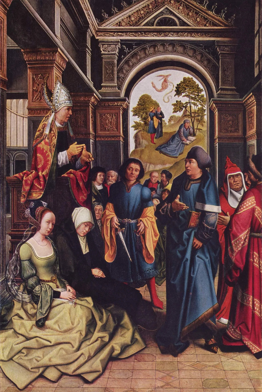 Sermon de saint Ambroise À l'extérieur : Deux saints évêques debout - Bernard van Orley