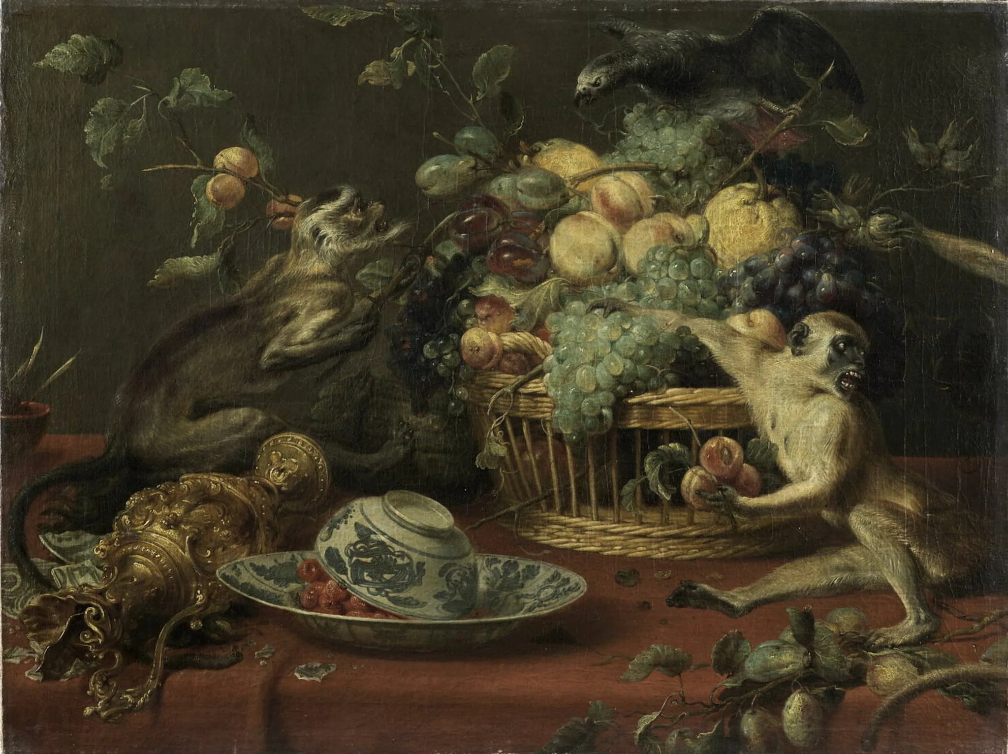 Singes et Perroquet auprès d'une corbeille de fruits - Frans Snyders image 1 copie de tableau peinte à la main