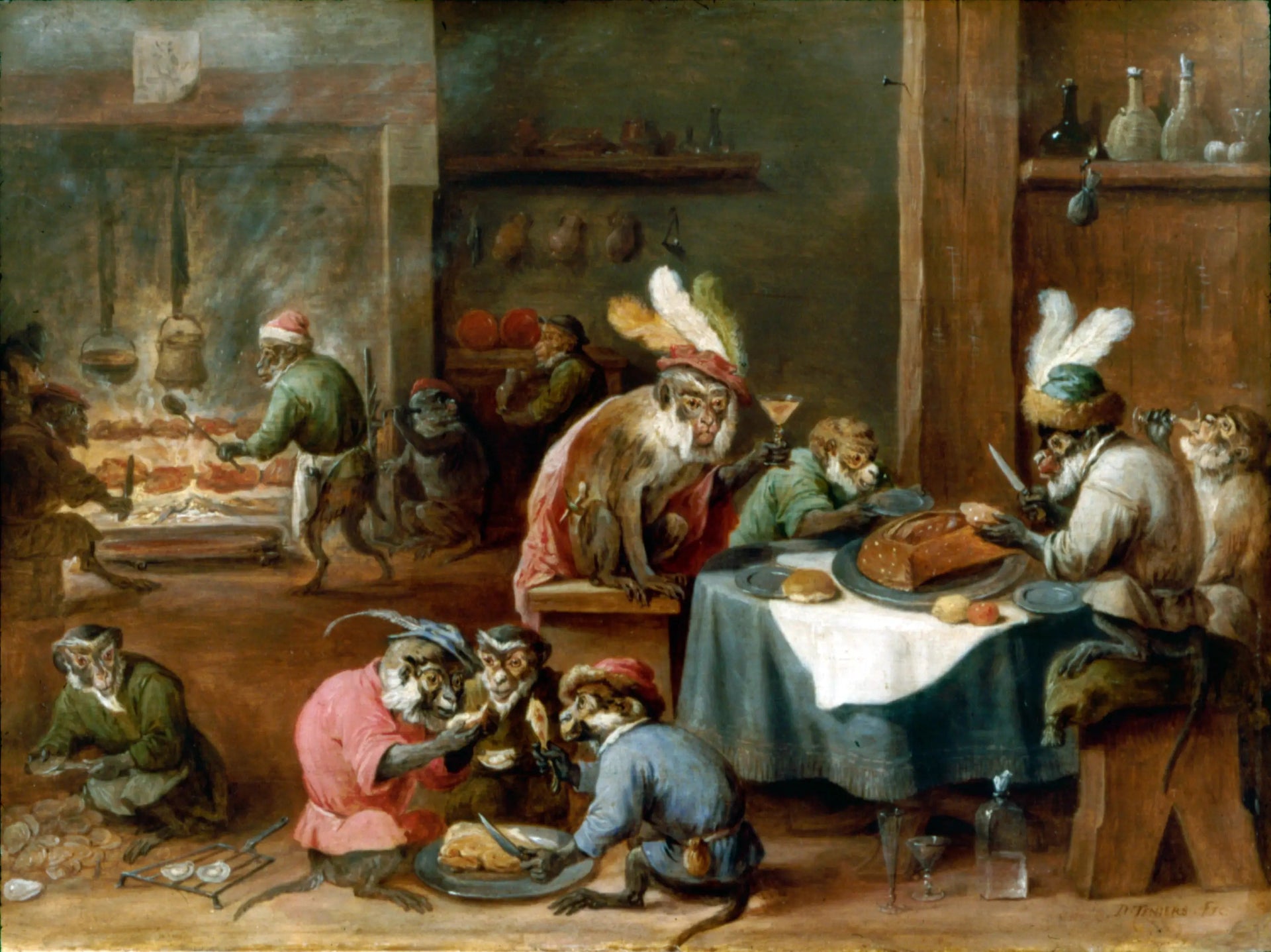 Singes prenant un repas dans une cuisine - David Teniers le Jeune image 1 reproduction artisanale de tableau