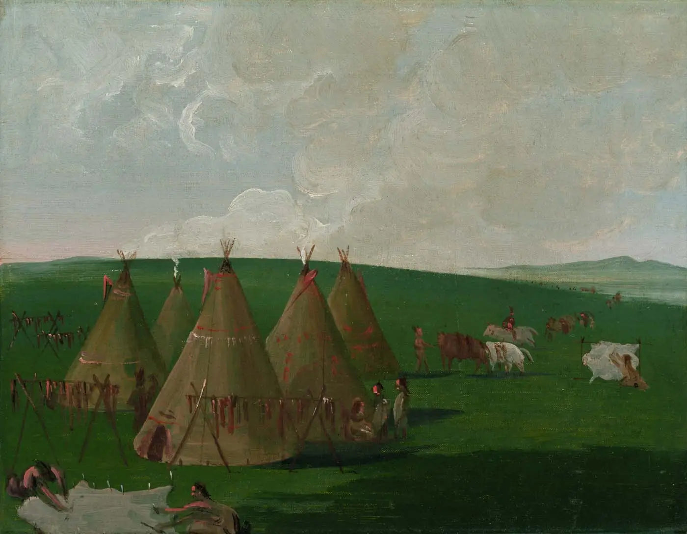 Sioux campant sur le Haut-Missouri, préparant de la viande de bison et des robes - George Catlin image 1 reproduction réalisée par Alpha Reproduction