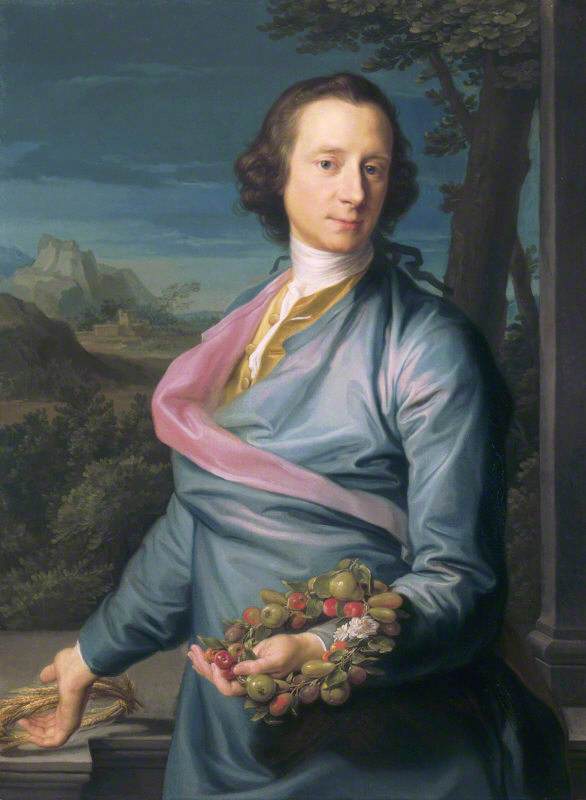 Sir Matthew Fetherstonhaugh, 1er baronnet, député (1714-1774) avec des couronnes de fruits et de maïs - Pompeo Batoni image 1 reproduction de peinture à l’huile