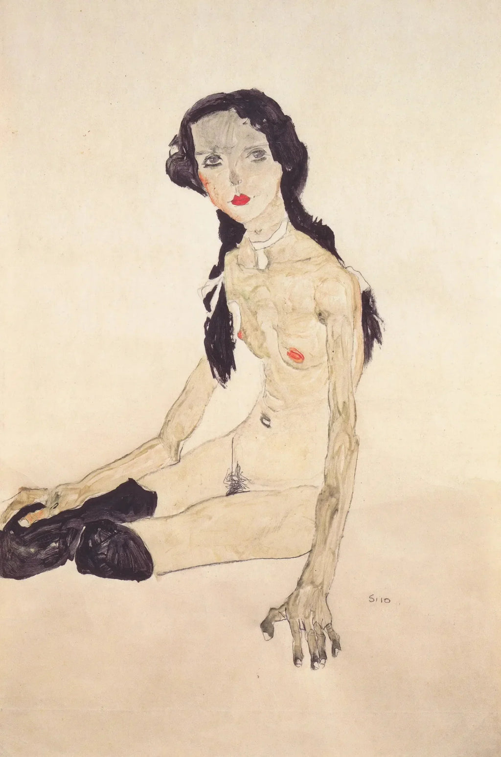 Sitzendes Mädchen mit Pferdeschwanz - Egon Schiele image 1 copie de tableau peinte à la main