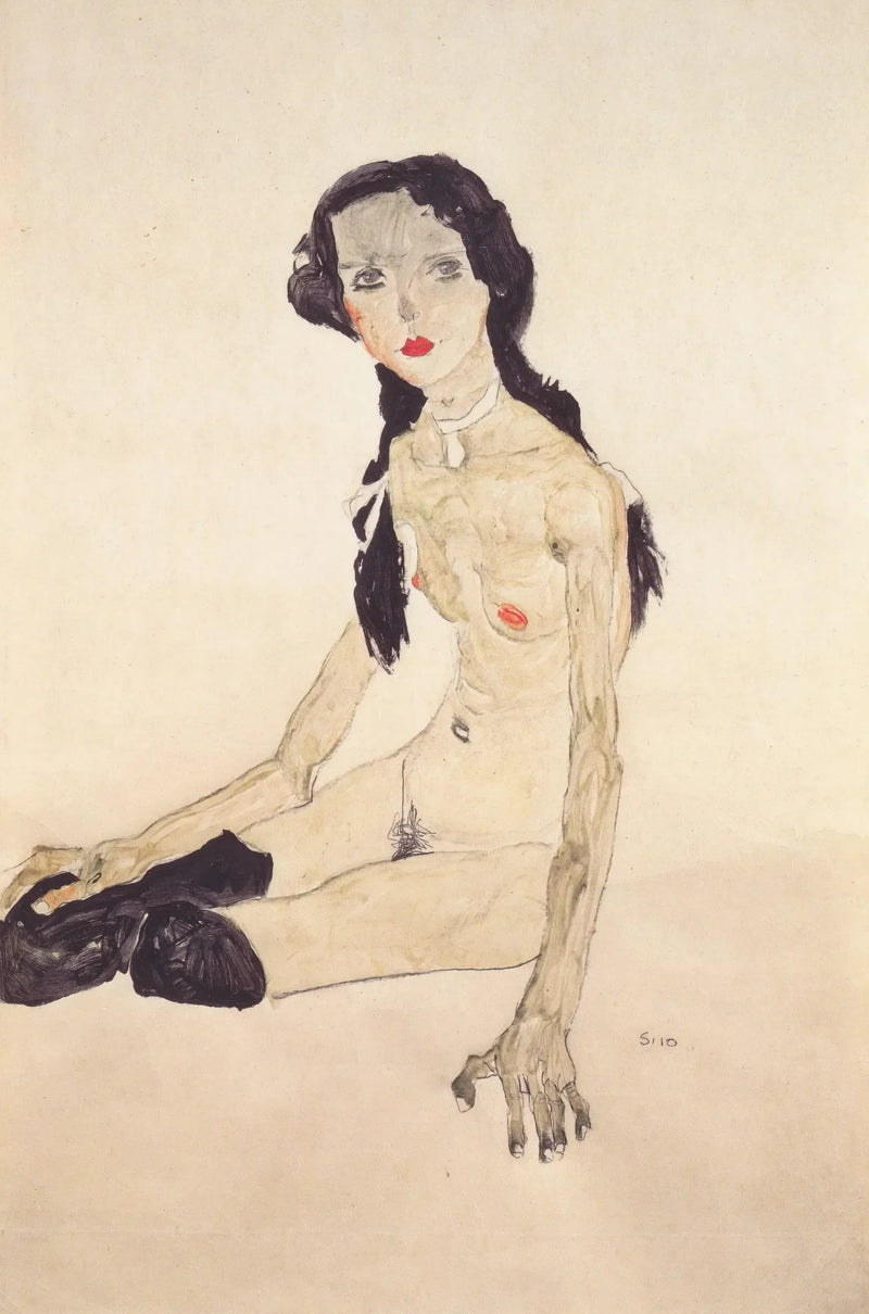 Jeune fille assise avec une queue-de-cheval - Egon Schiele