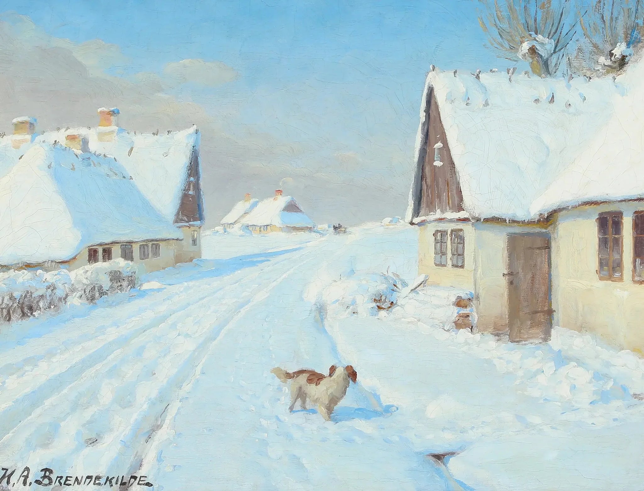 Snedækket landsby med en lille hund på vejen - H. A. Brendekilde image 1 reproduction d’œuvre d’art à l’huile