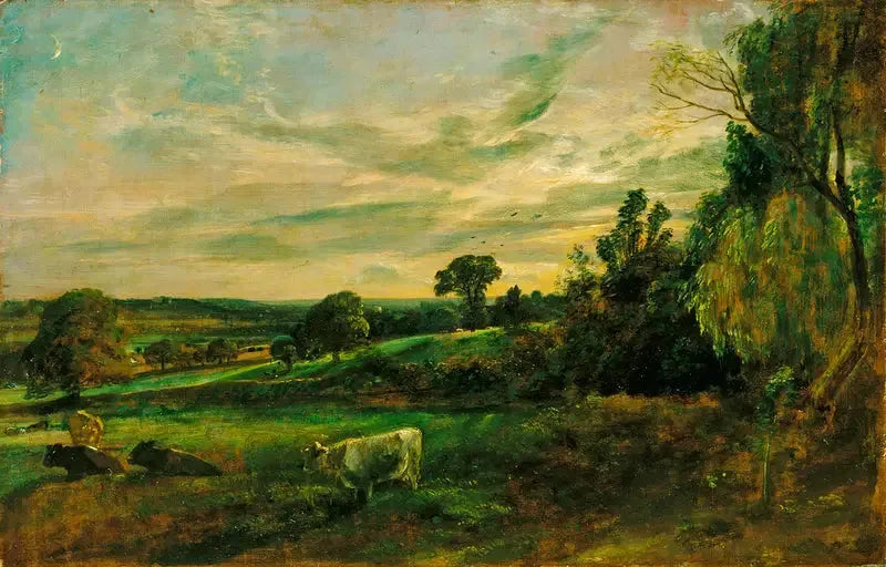 Soirée d'été : vue près d'East Bergholt montrant l'église de Langham, l'église de Stratford et l'église de Stoke-by-Nayland - John Constable image 1 reproduction réalisée par Alpha Reproduction