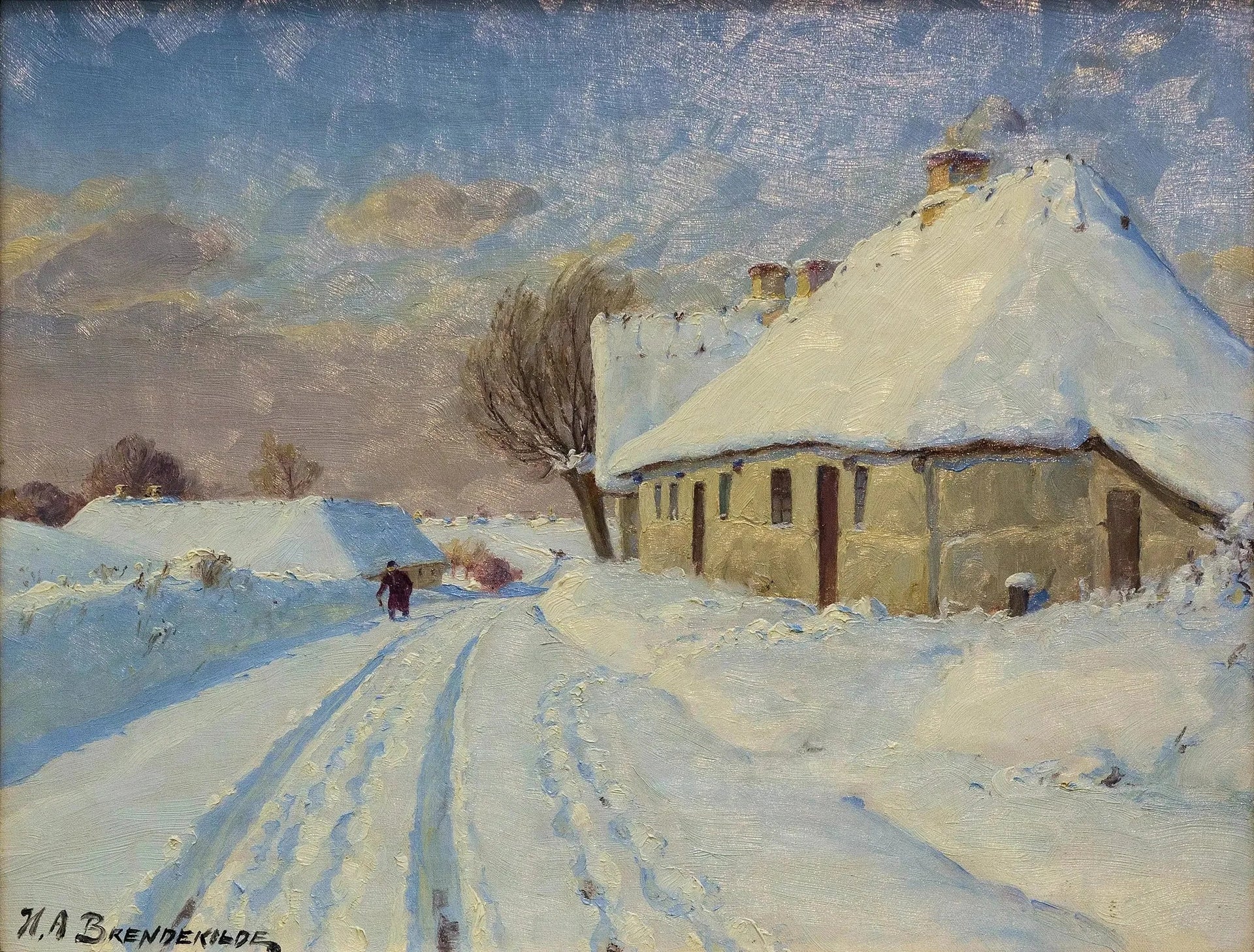 Soleil dans le village un jour d'hiver. - H. A. Brendekilde image 1 reproduction de peinture à l’huile